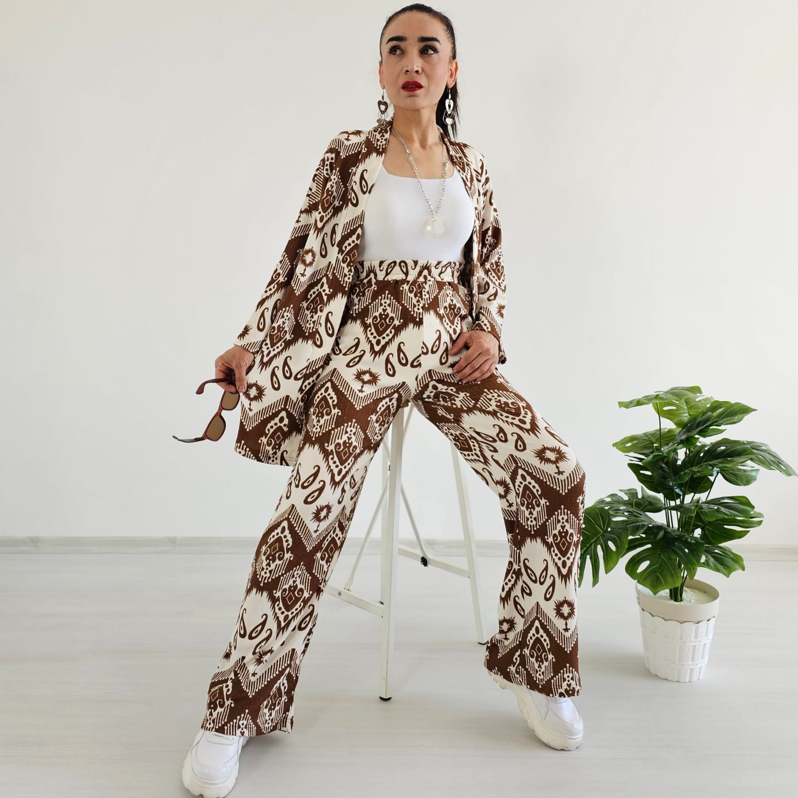 Trend Desenli Kimono Takımı - KAHVERENGİ