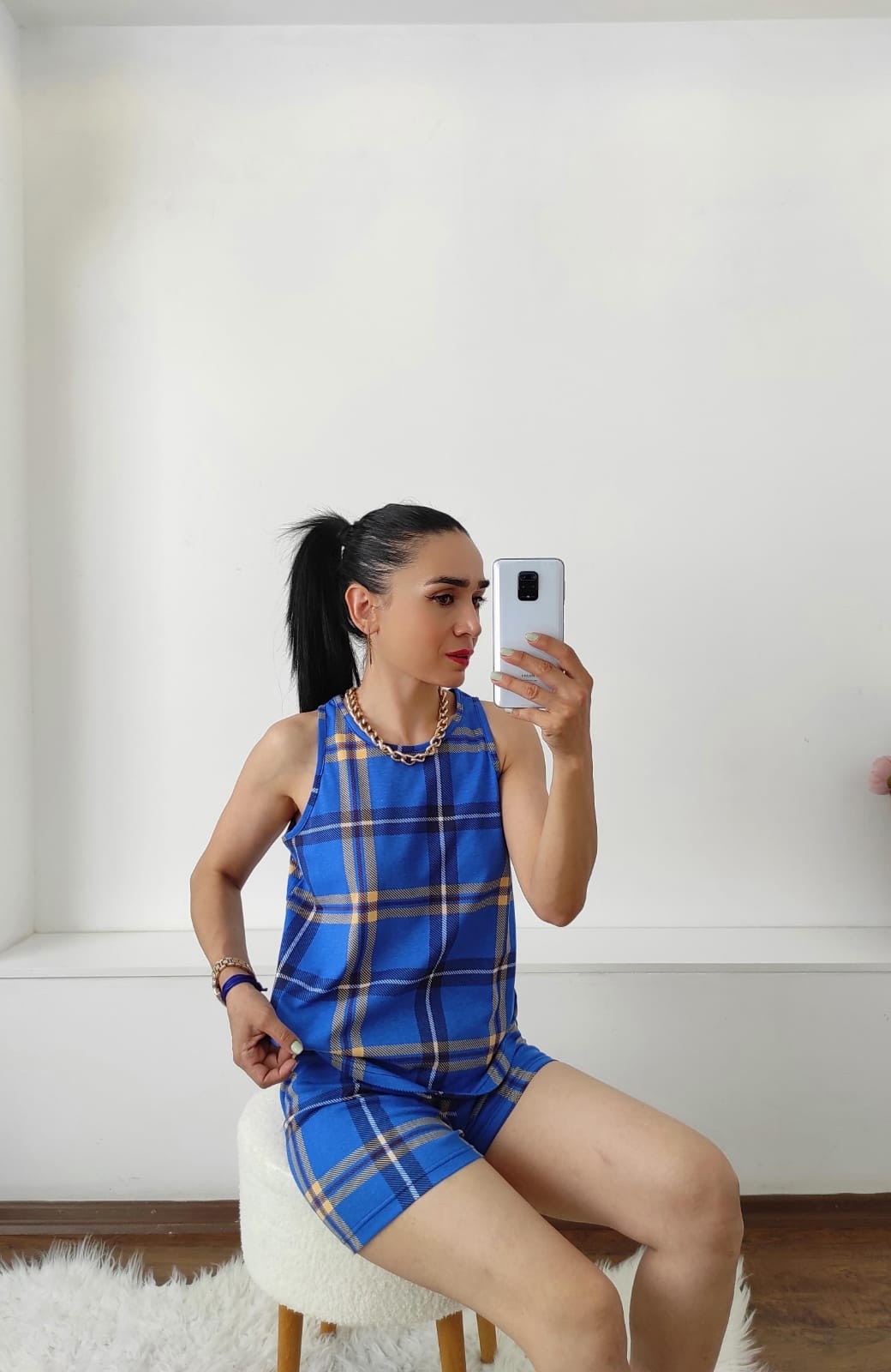 Ekose Şortlu Pijama Takım - Mavi