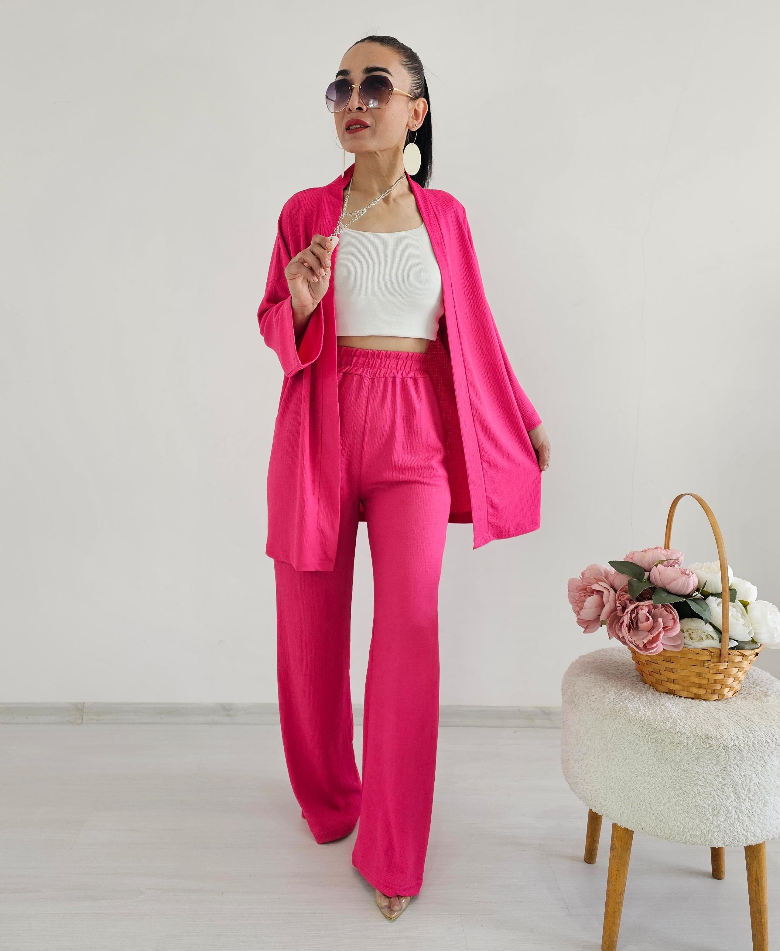 Düz Geniş Paça Kimono Takımı - Pembe