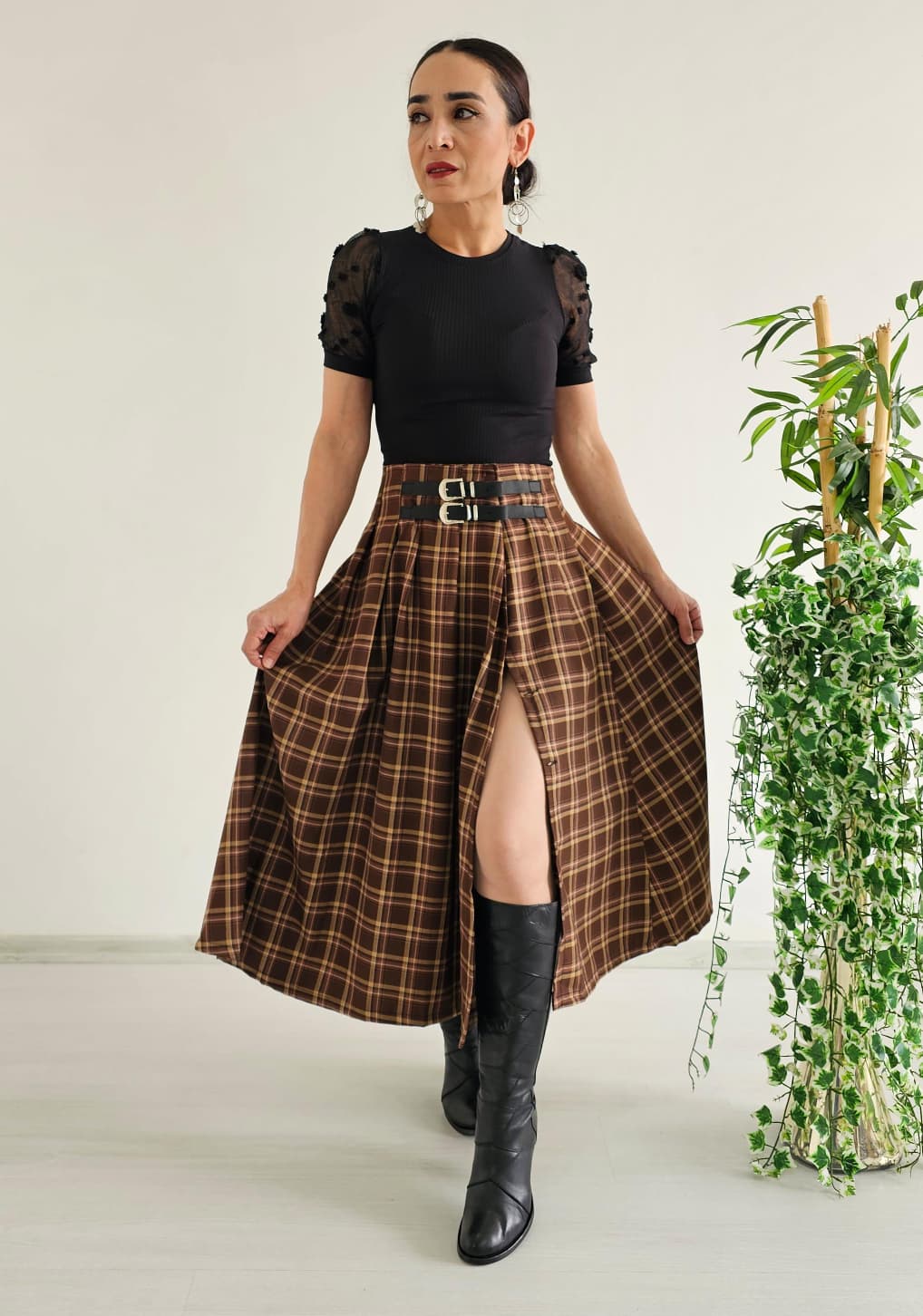 Kemerli Ekose Etek - KAHVERENGİ