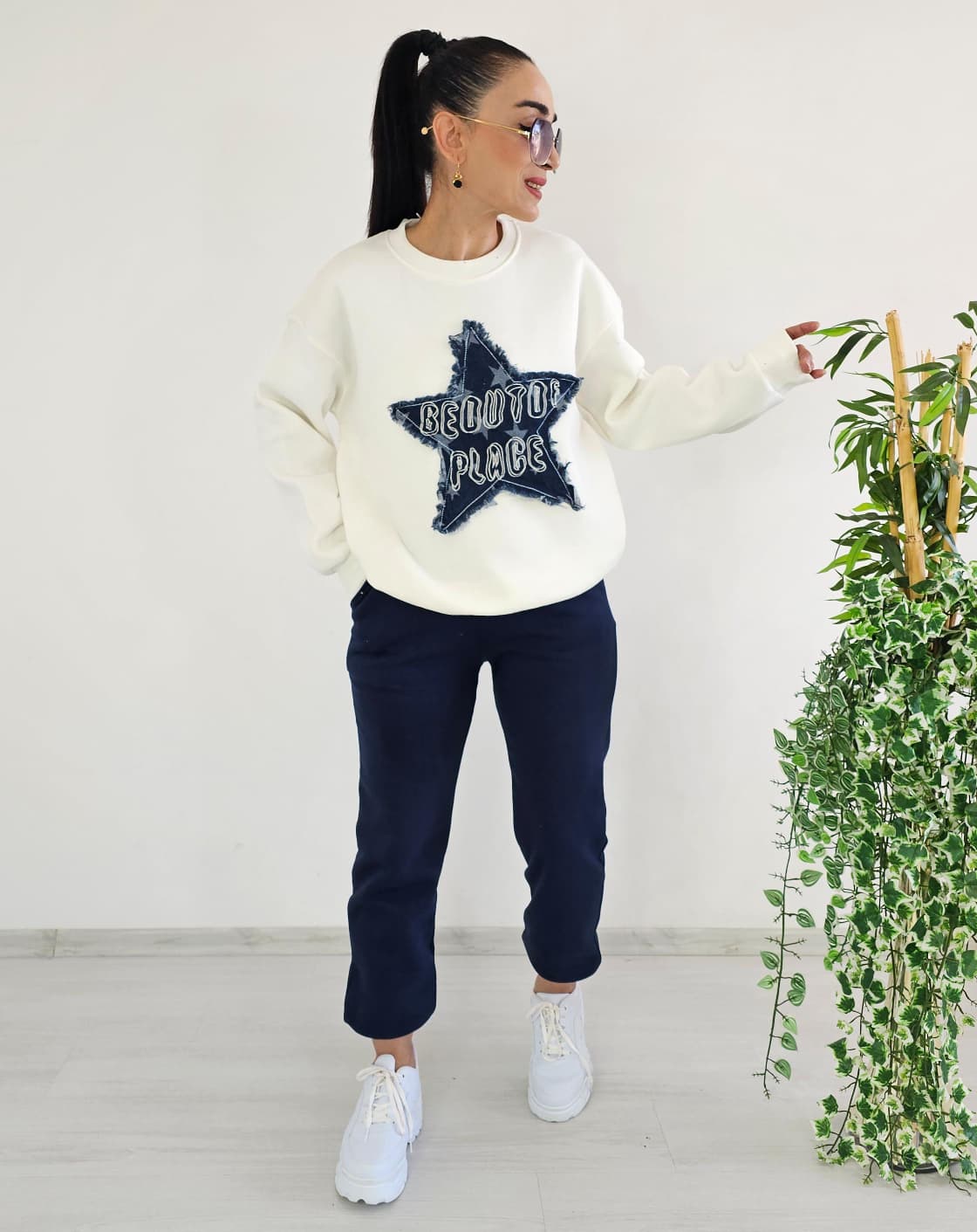 Yıldız Kot Detay 3 İp Şardonlu Eşofman Takımı - BEYAZ