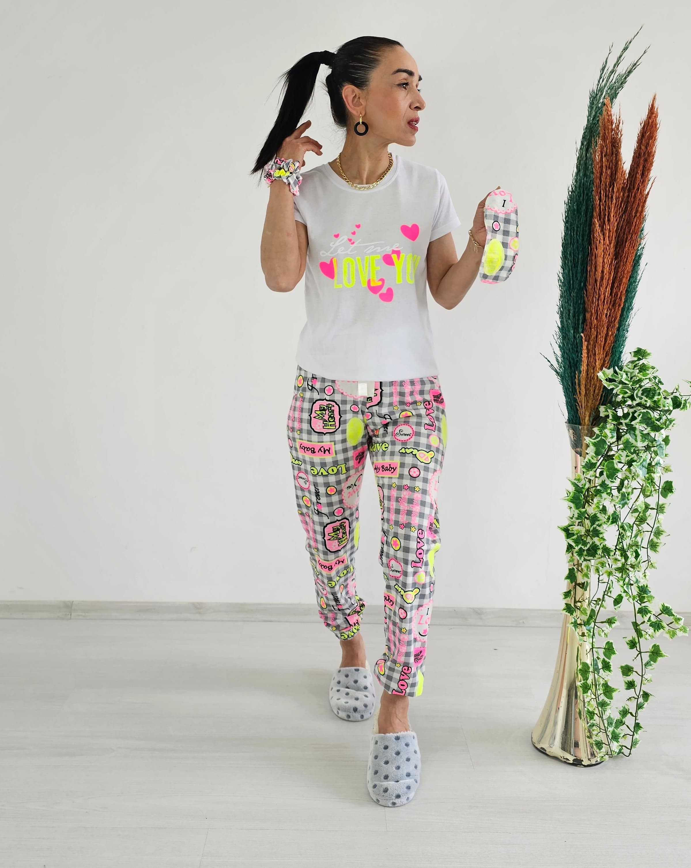 Love You Ekose Pijama Takımı-beyaz