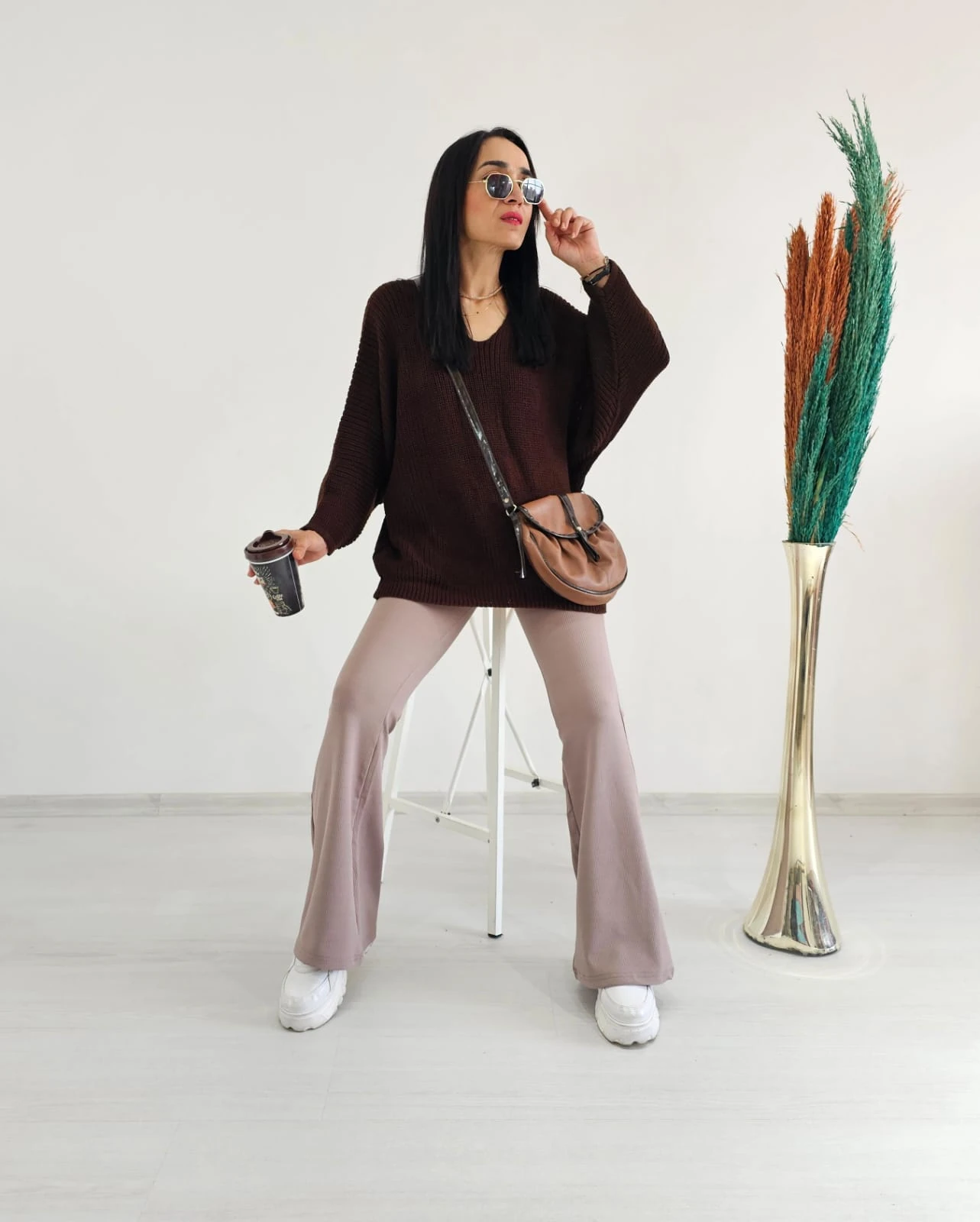 Yarasa Kol Örme Kazak - ACI KAHVE