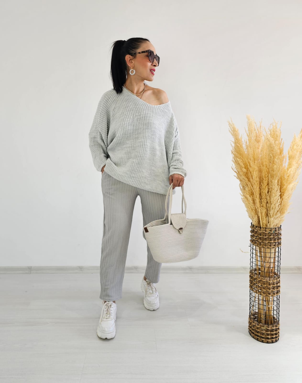 Yarasa Kol Örme Kazak - Kül Rengi