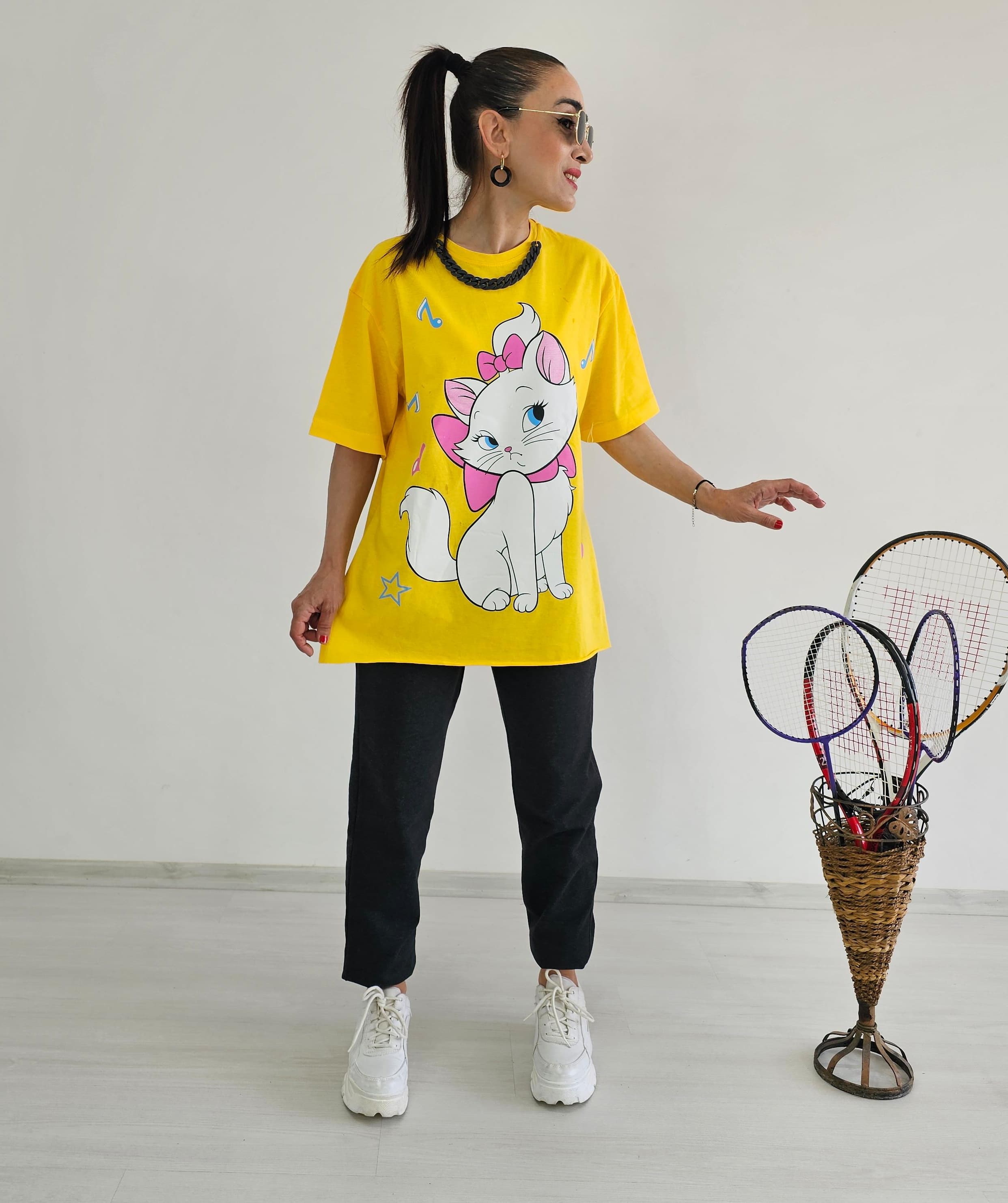 Kedi Baskı Kolyeli Eşofman Takımı - SARI