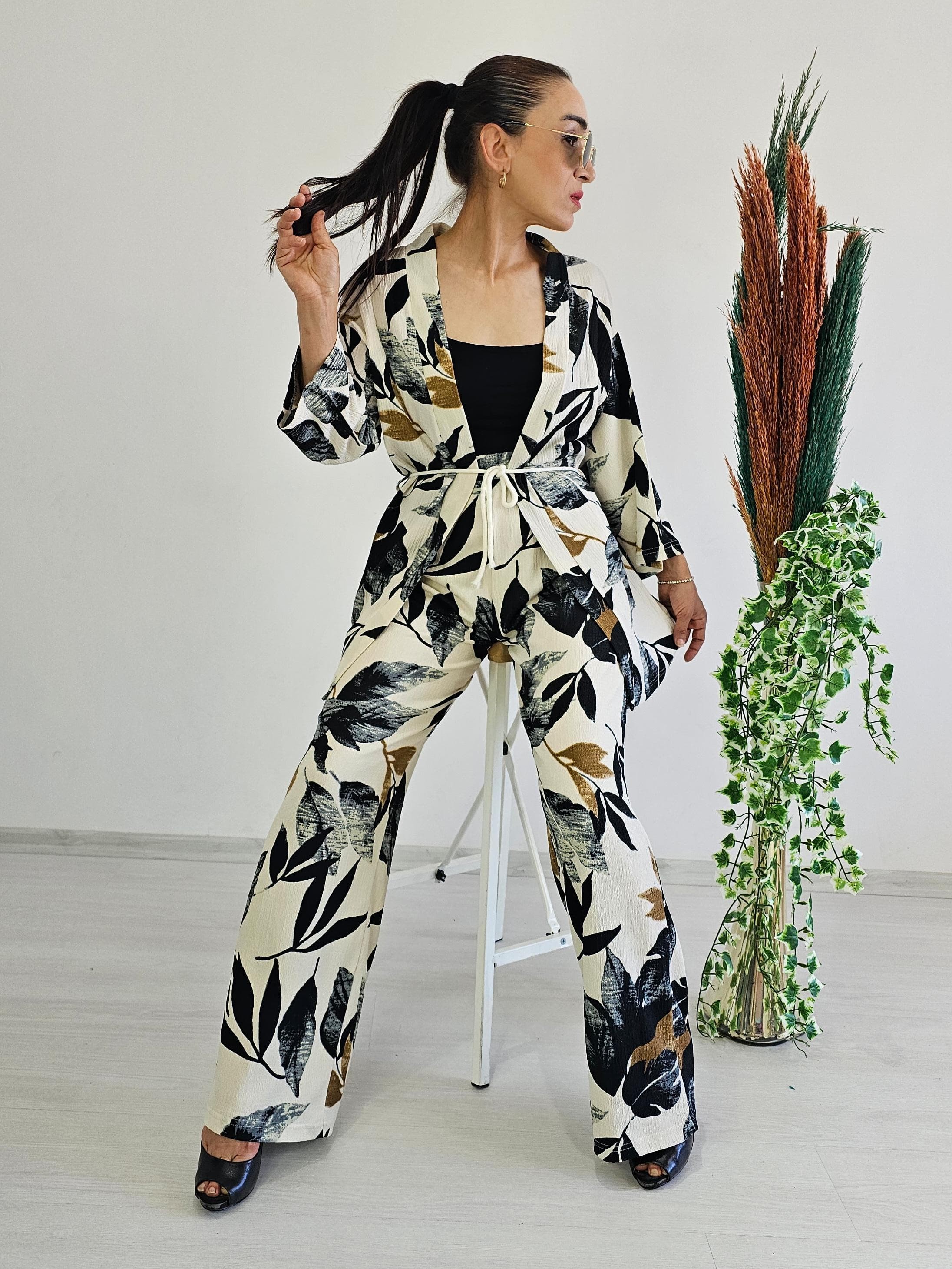 Bağlamalı Desenli Kimono Takımı