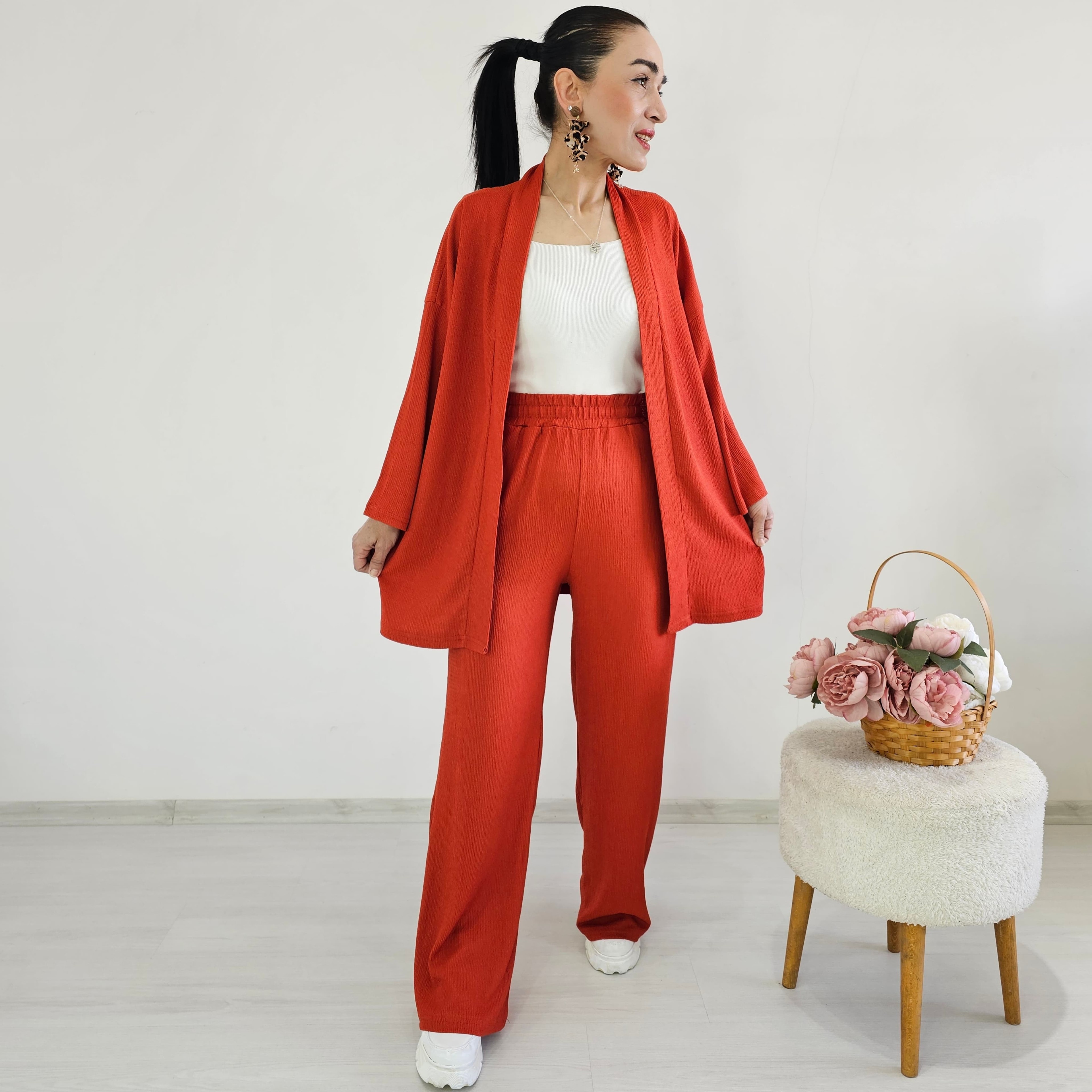 Bürümcek Kumaş Geniş Paça İkili Kimono Takımı - KİREMİT