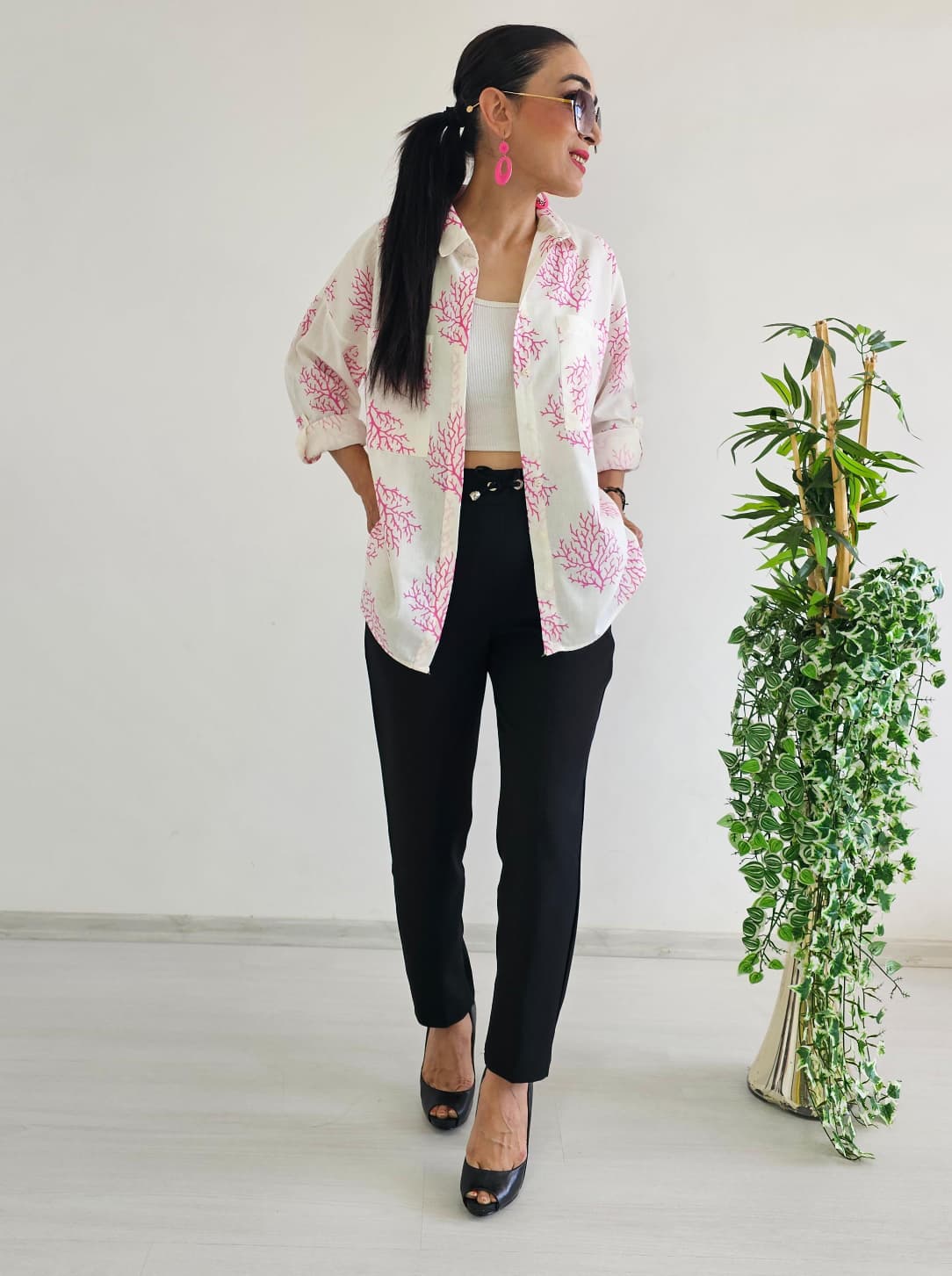 Yaprak Desen Gömlek - KIRMIZI