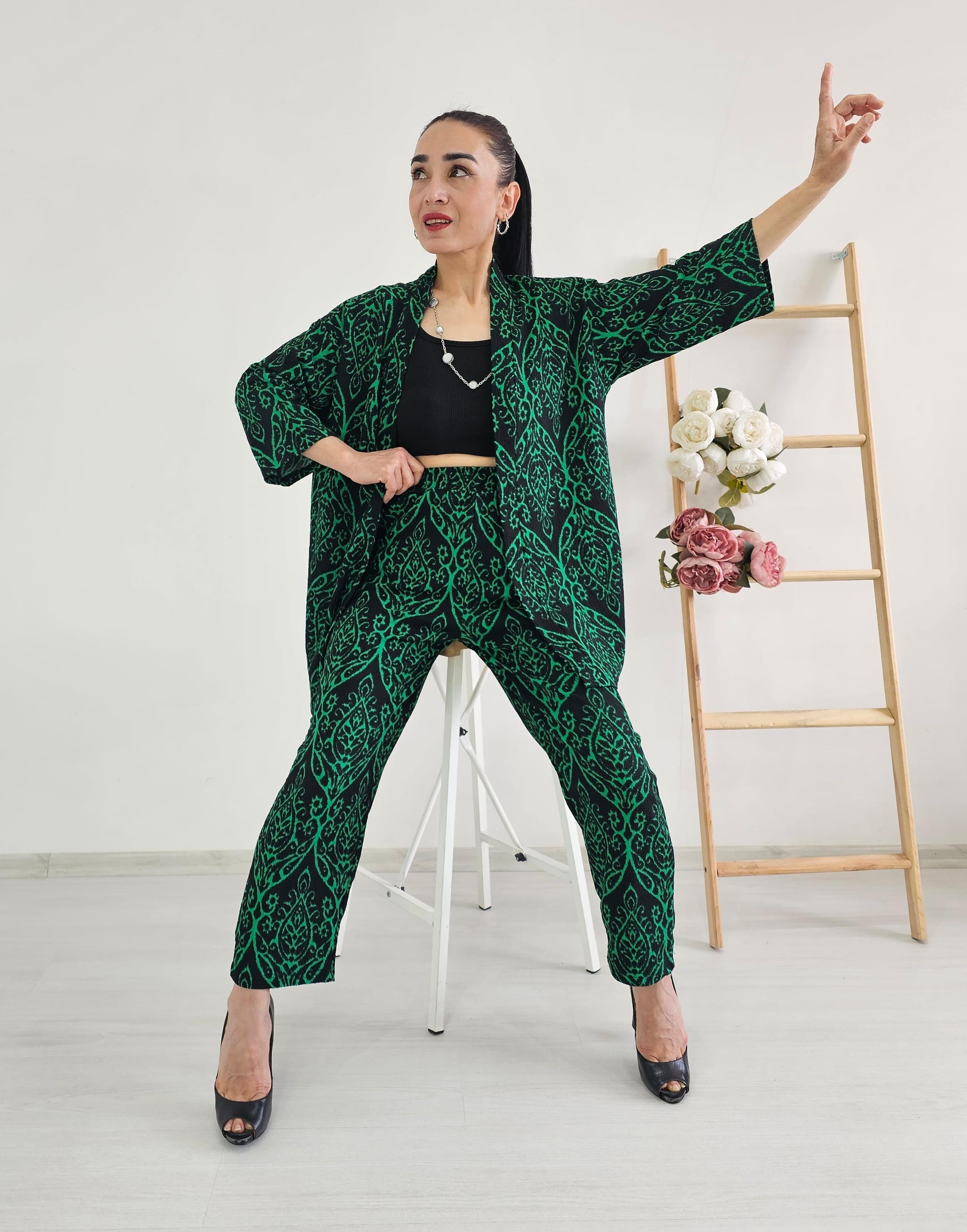 Havuç Paça Desenli Kimono Takımı