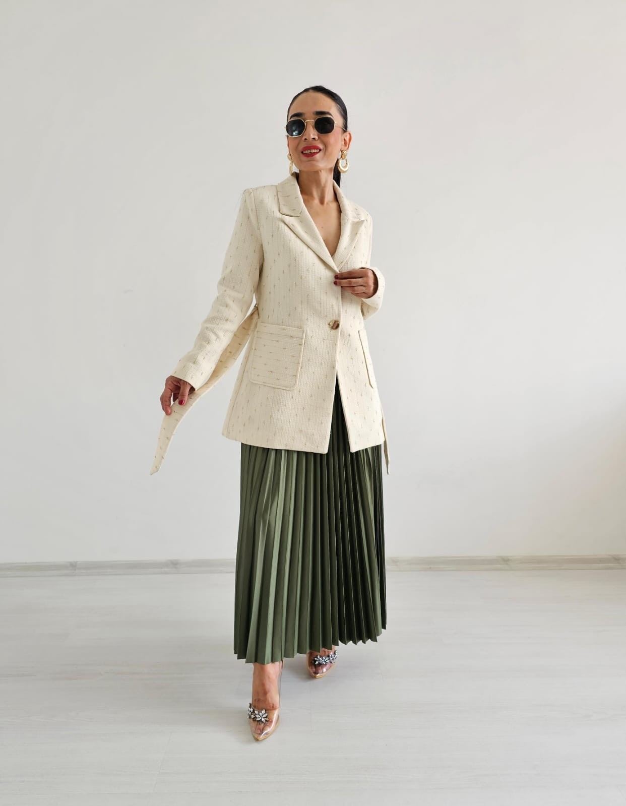 Simli Cep Detay Blazer Ceket - Krem