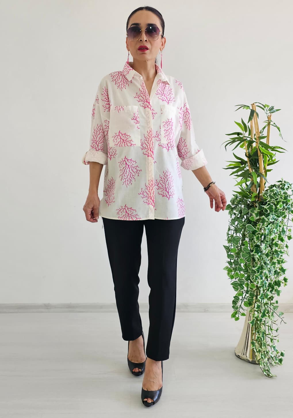 Yaprak Desen Gömlek - Pembe