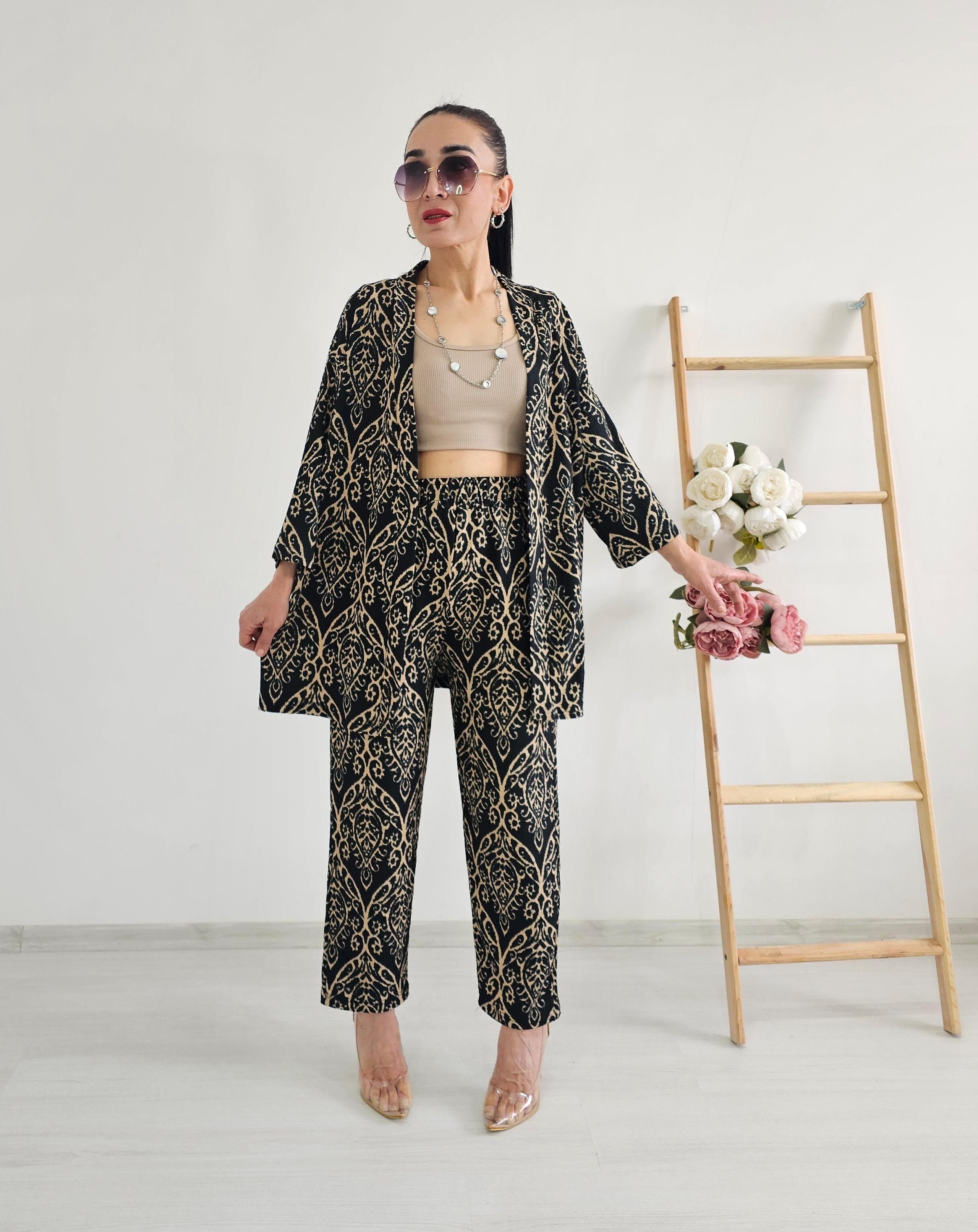 Havuç Paça Desenli Kimono Takımı - KAHVERENGİ