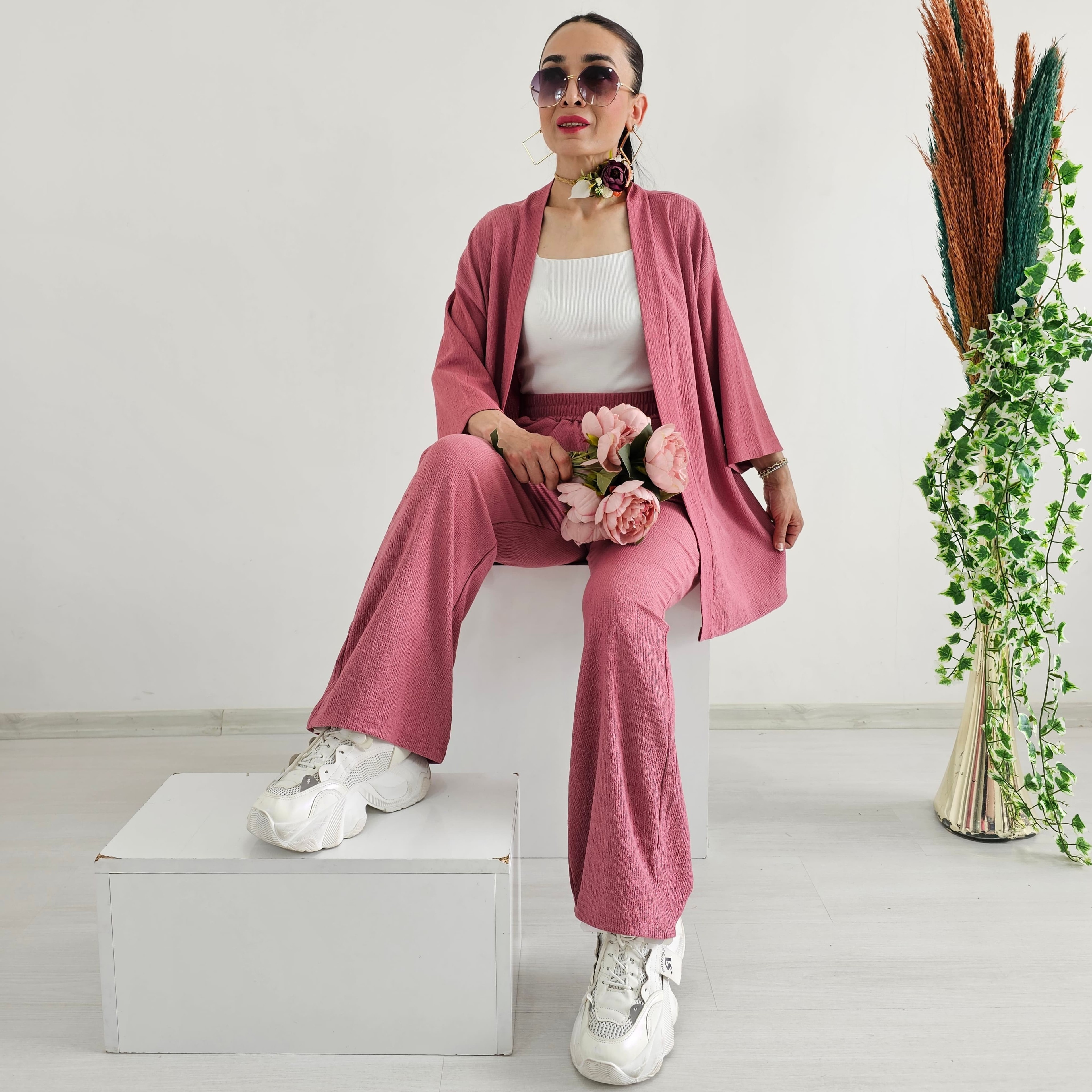 Bürümcek Kumaş Geniş Paça İkili Kimono Takımı - GÜL KURUSU