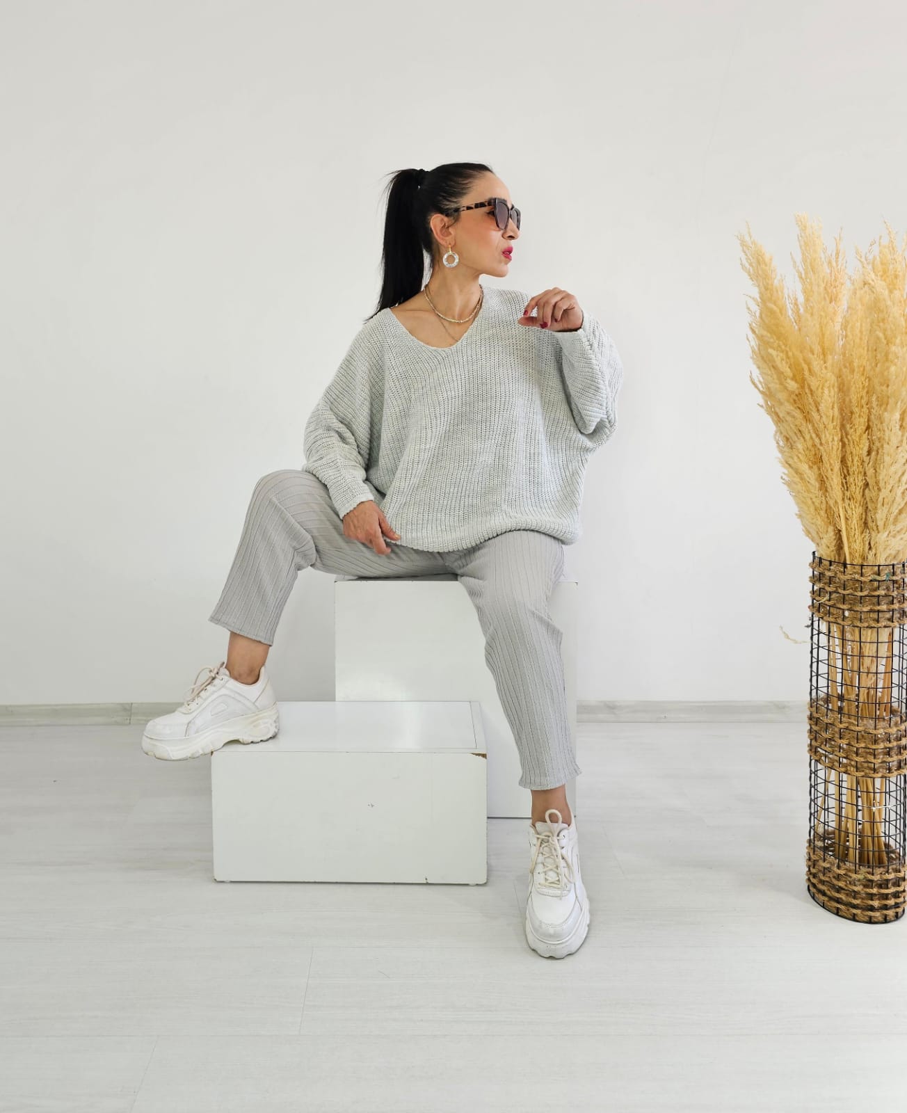 Yarasa Kol Örme Kazak - Kül Rengi