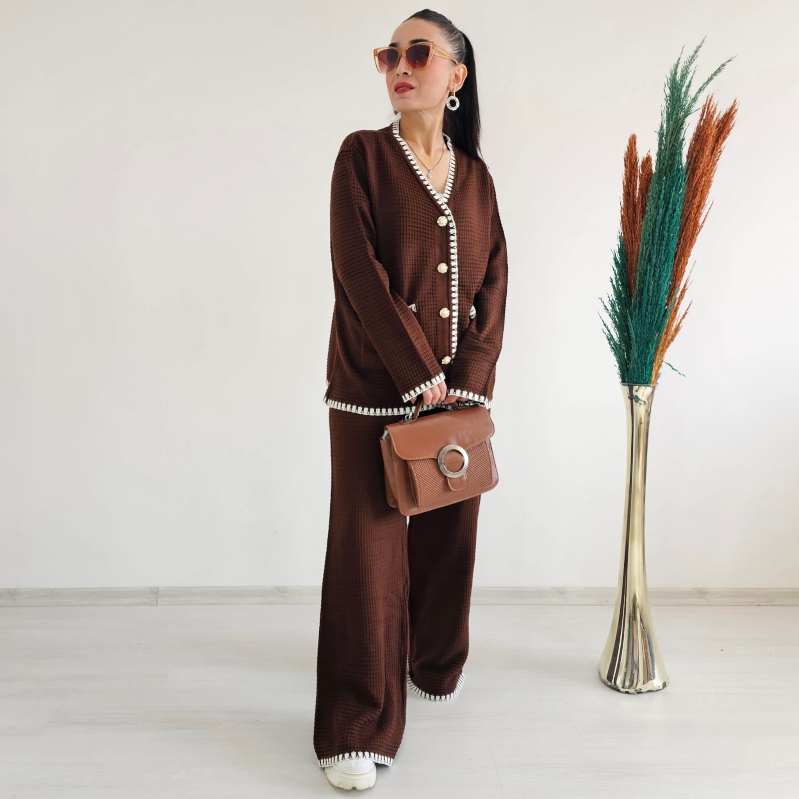 İşlemeli Kroşetalı İkili Cotton Takım - KAHVERENGİ
