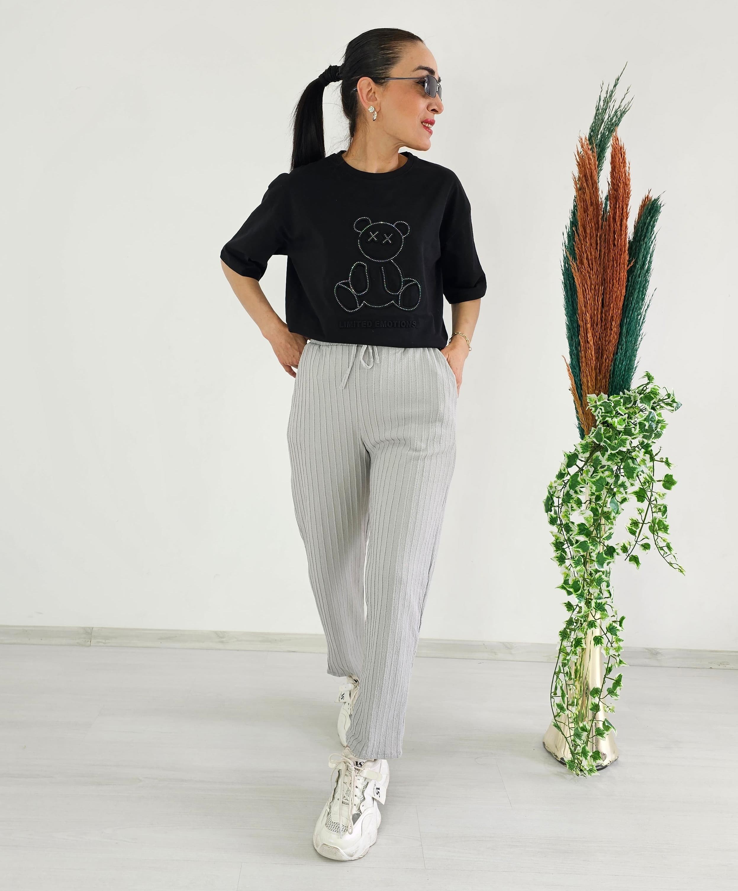 Fitilli Örme İp Detay Pantolon  - GRİ