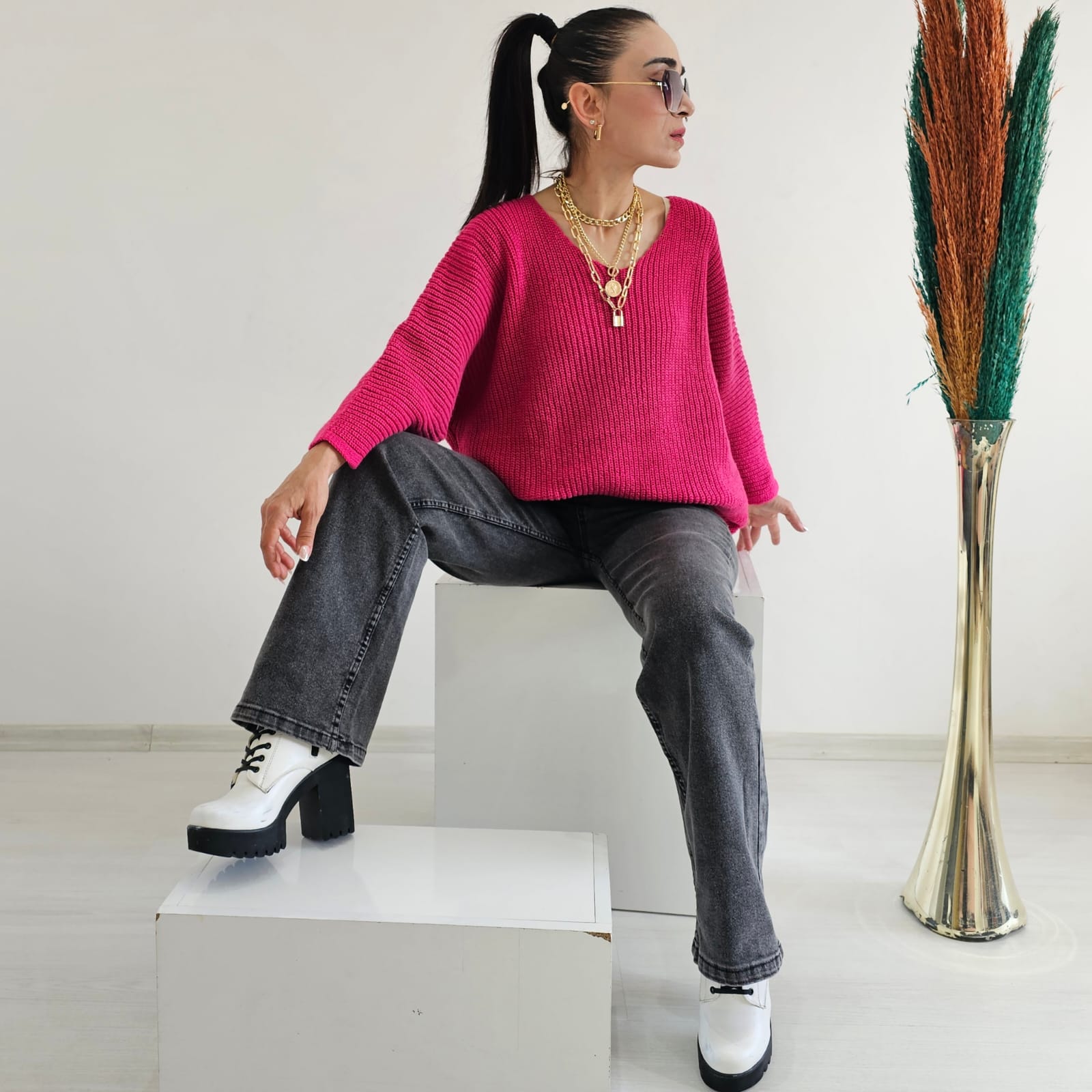 Yarasa Kol Örme Kazak - Pembe