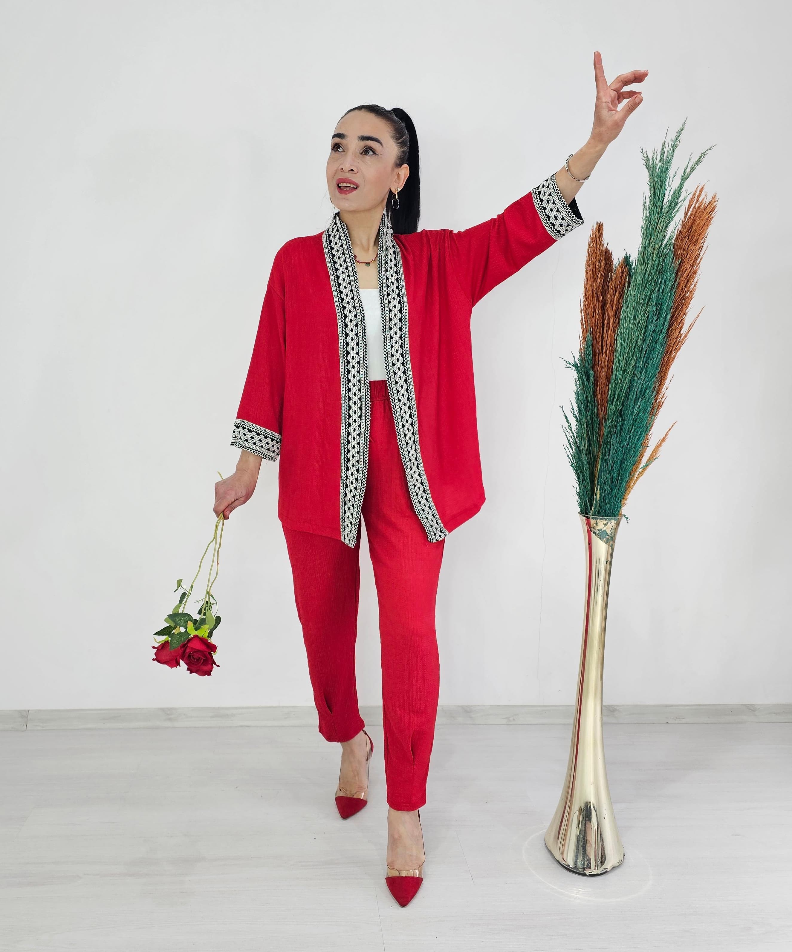 Dar Paça Pileli  Nakışlı Kimono Takımı - KIRMIZI