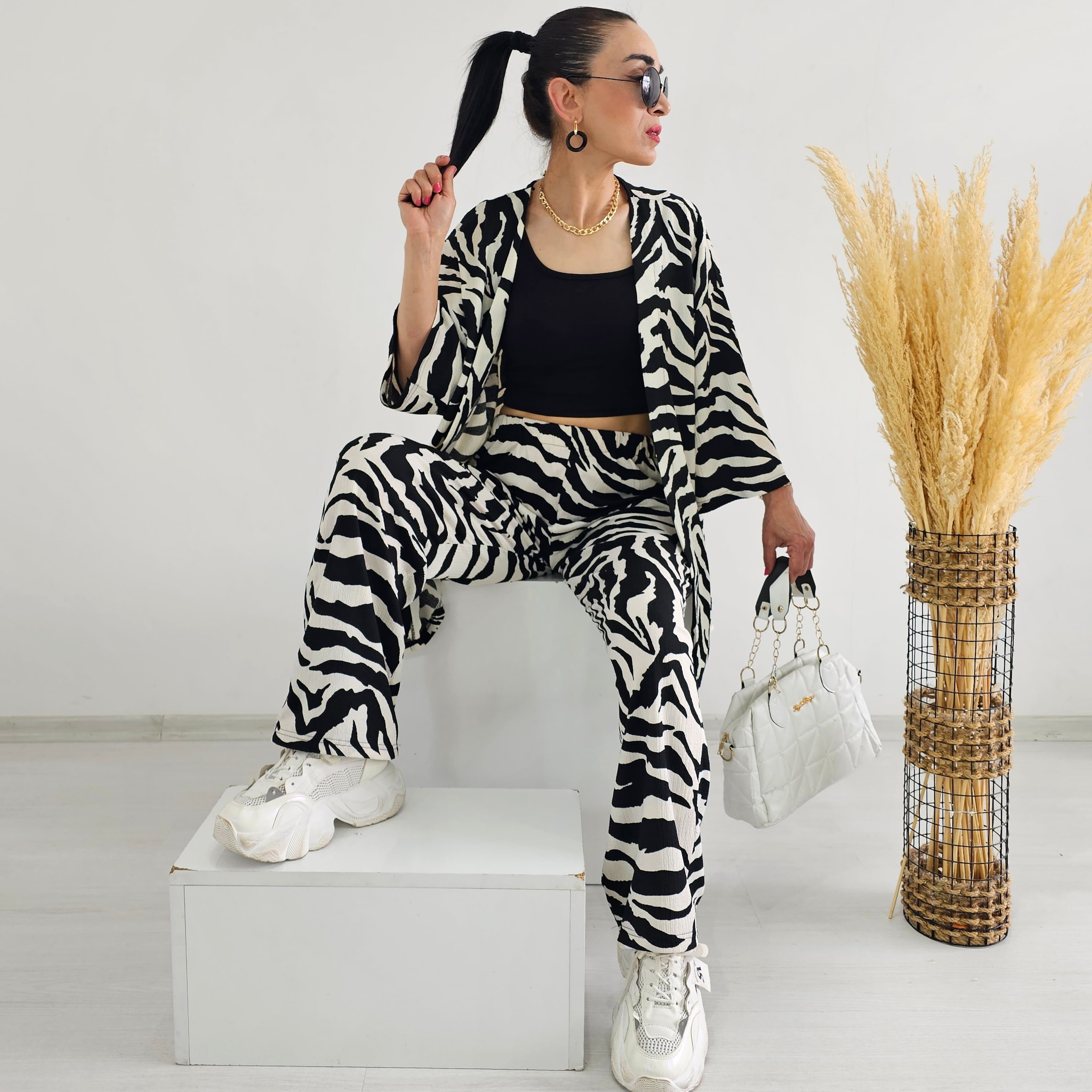 Tam bel Zebra Desen Kimono Takımı - SİYAH