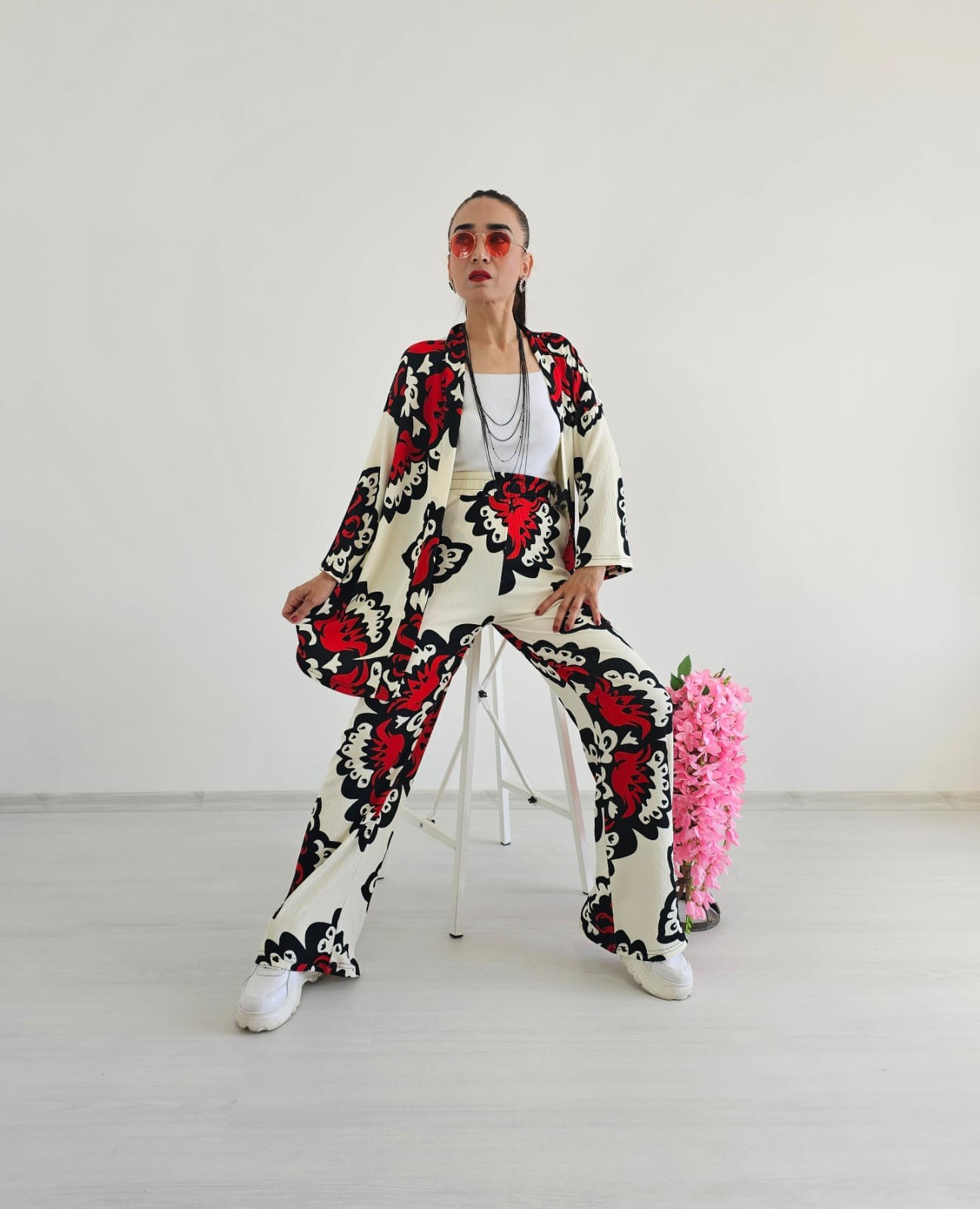 Etnik Desen Trend Kimono Takımı - KIRMIZI