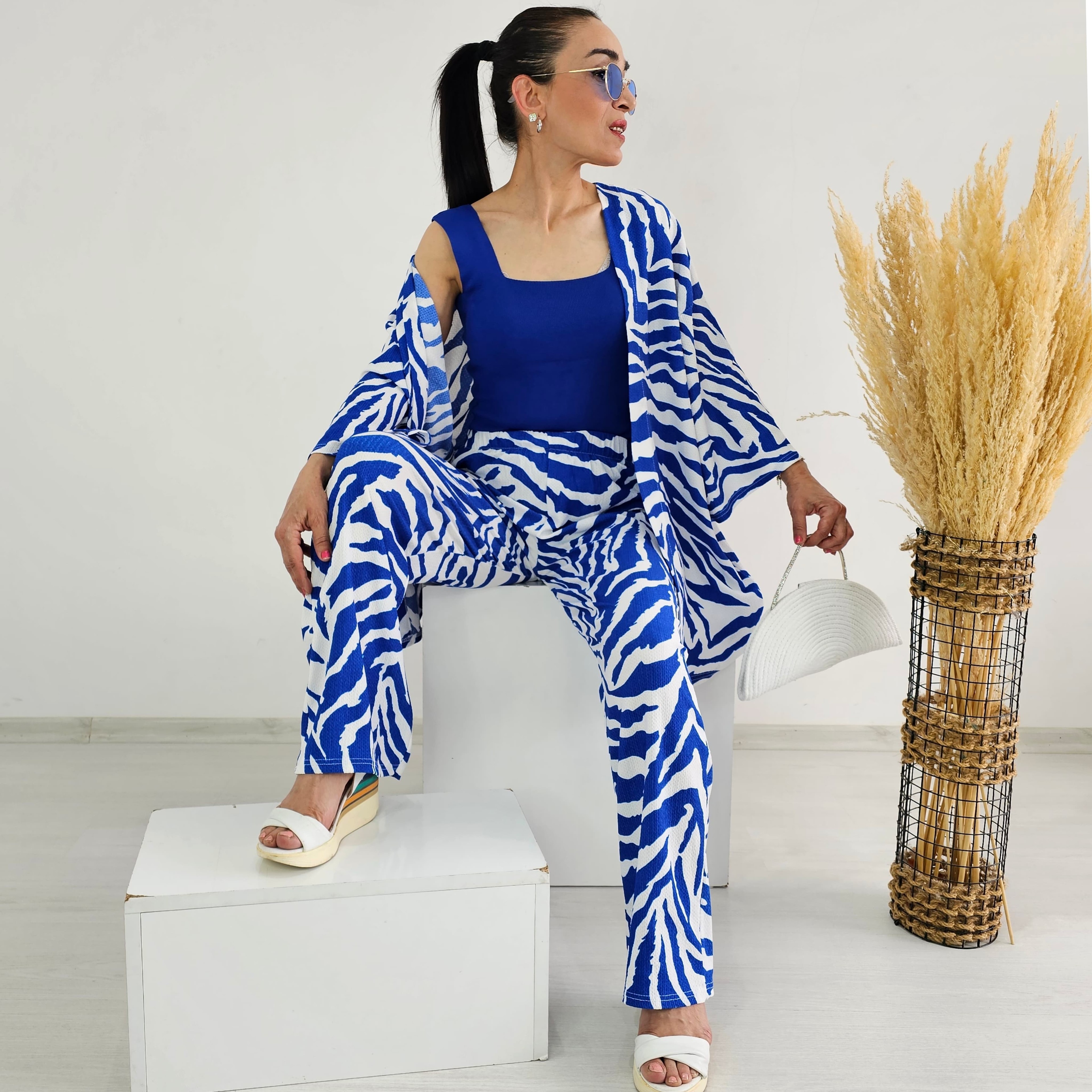 Tam bel Zebra Desen Kimono Takımı - Mavi