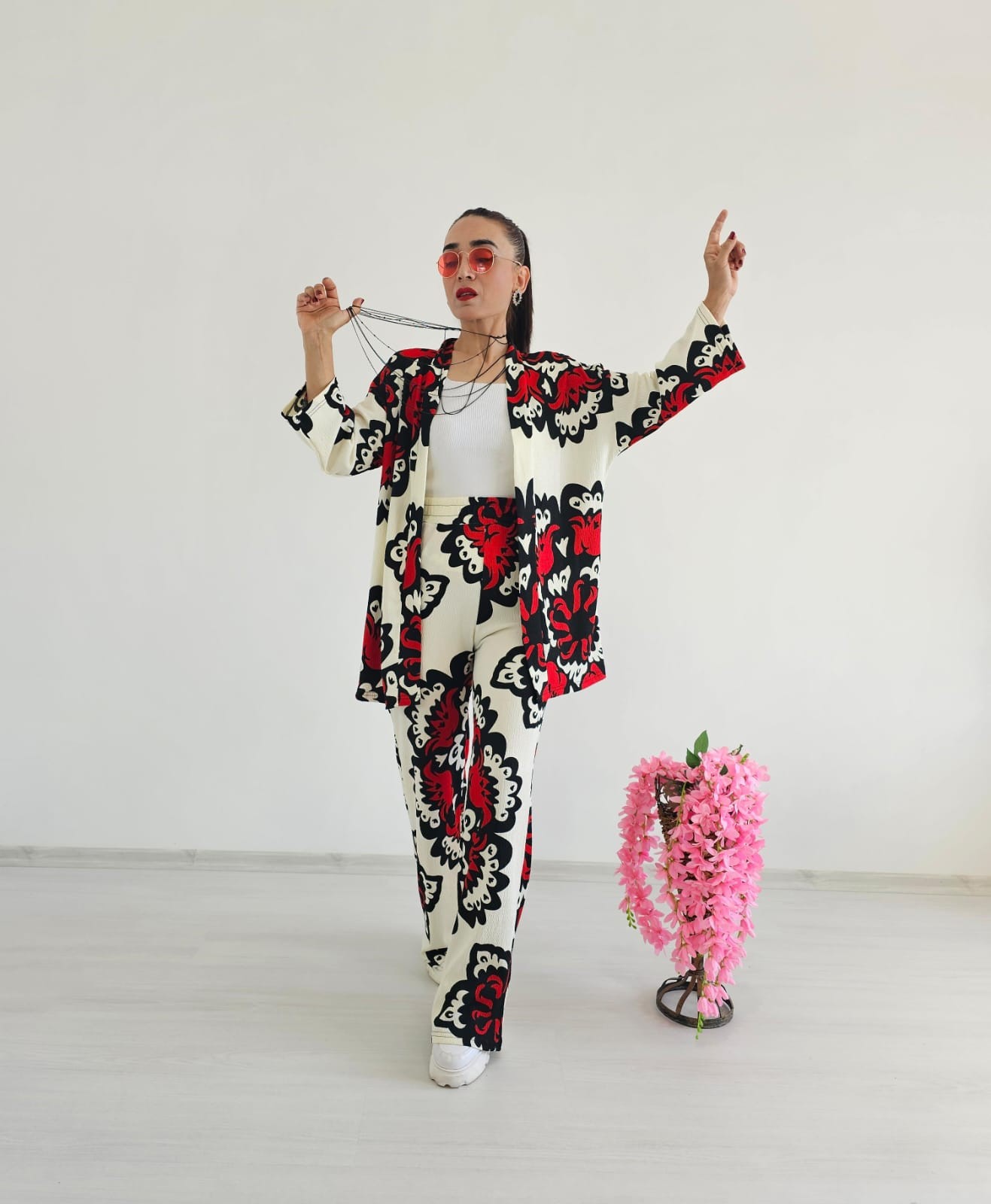 Etnik Desen Trend Kimono Takımı - KIRMIZI