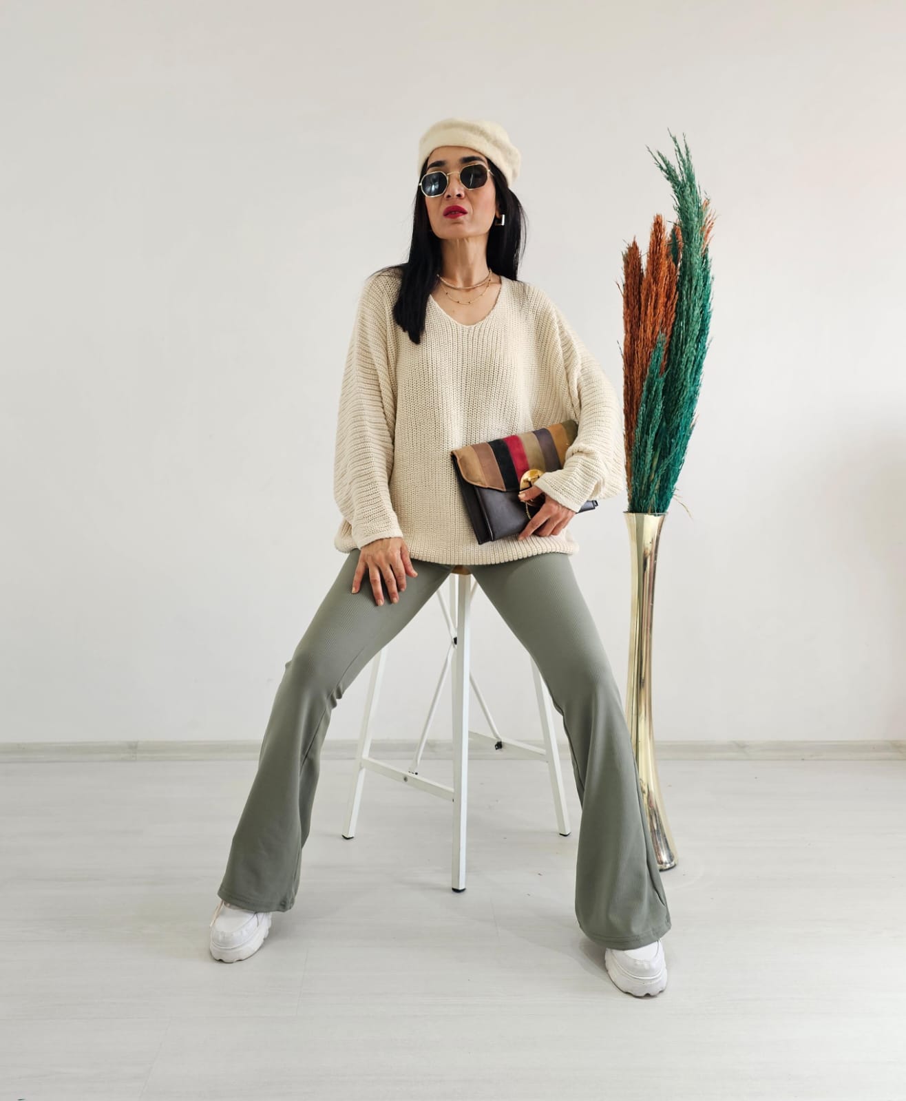 Yarasa Kol Örme Kazak - Krem