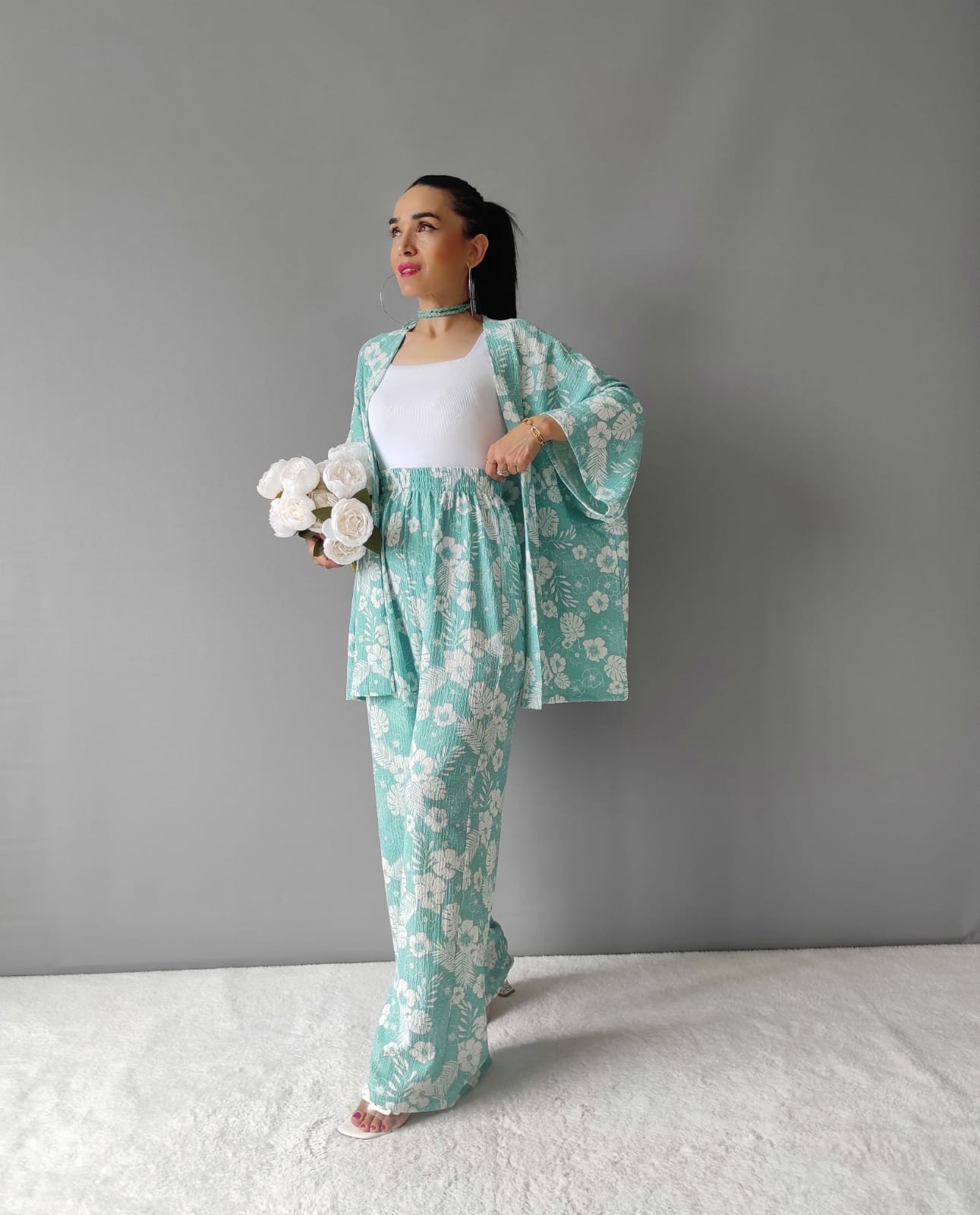 Çiçek Desen Kimono Takımı - SU YEŞİLİ