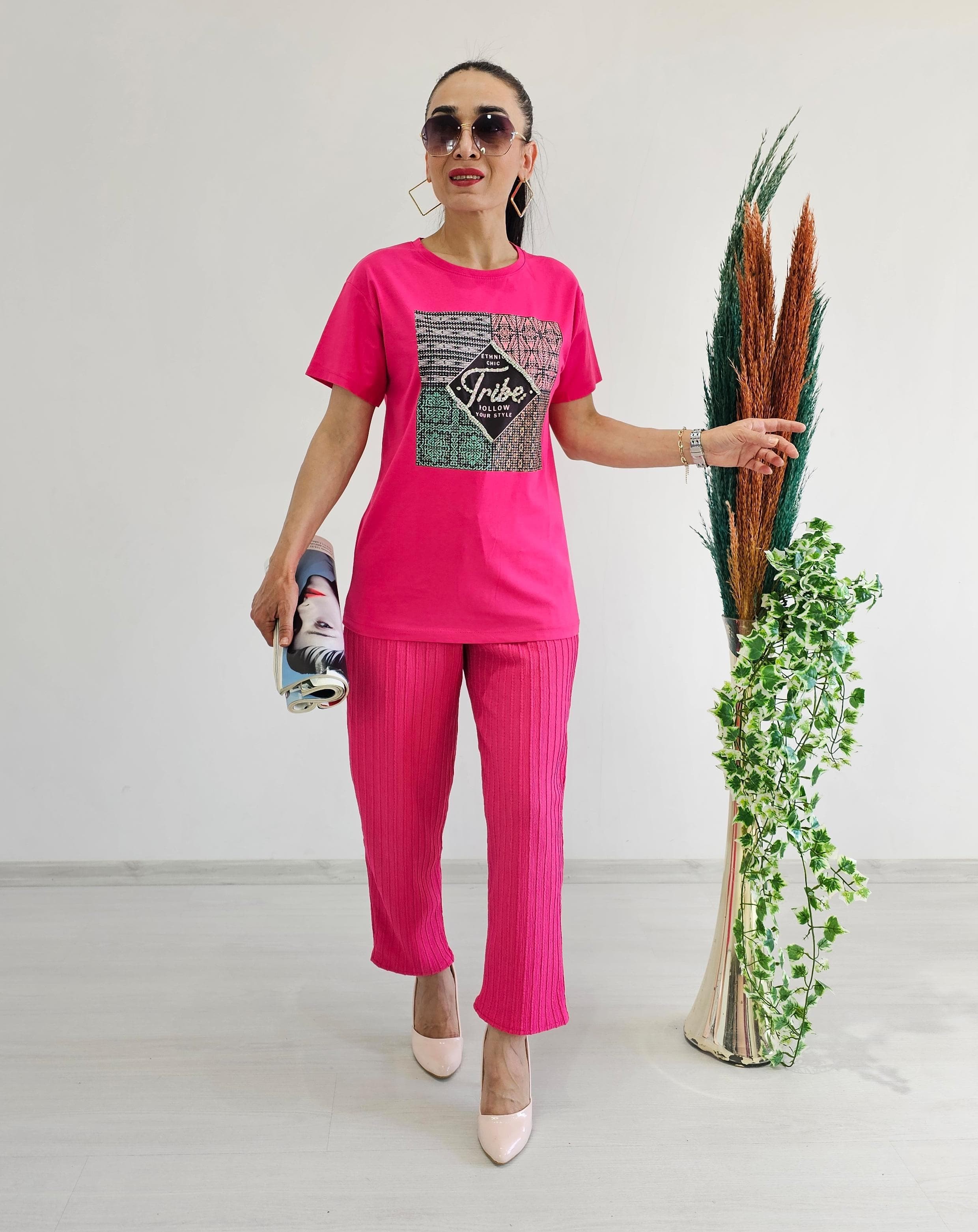 Tribe Taşlı Tişört - Pembe