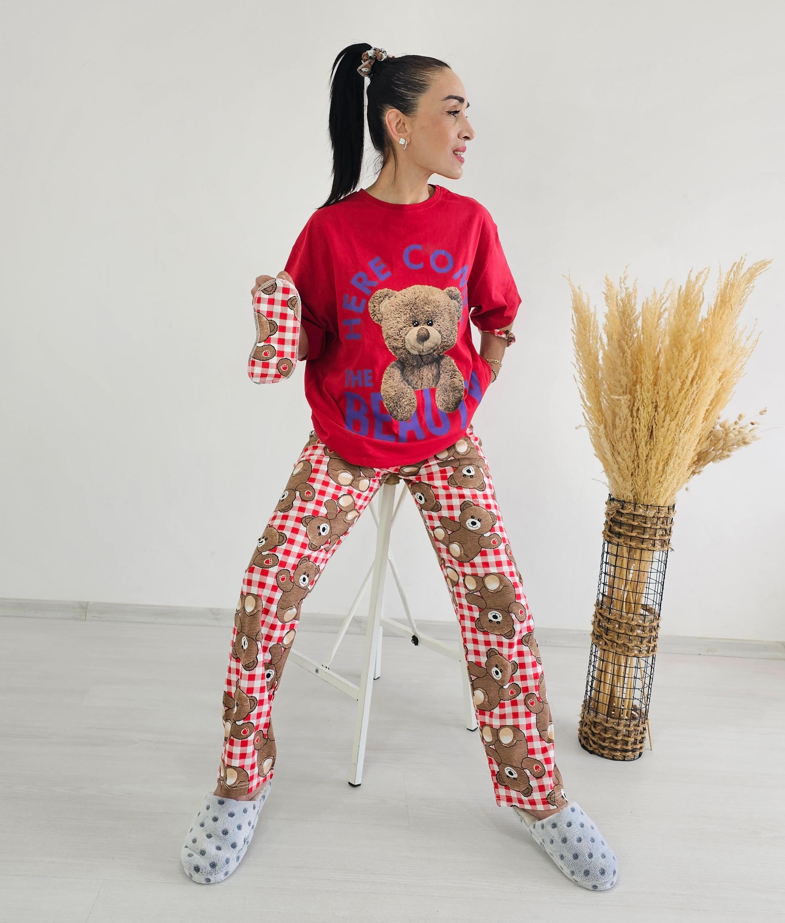 Altı Ekose Ayıcık Pijama Takımı - New kırmızı