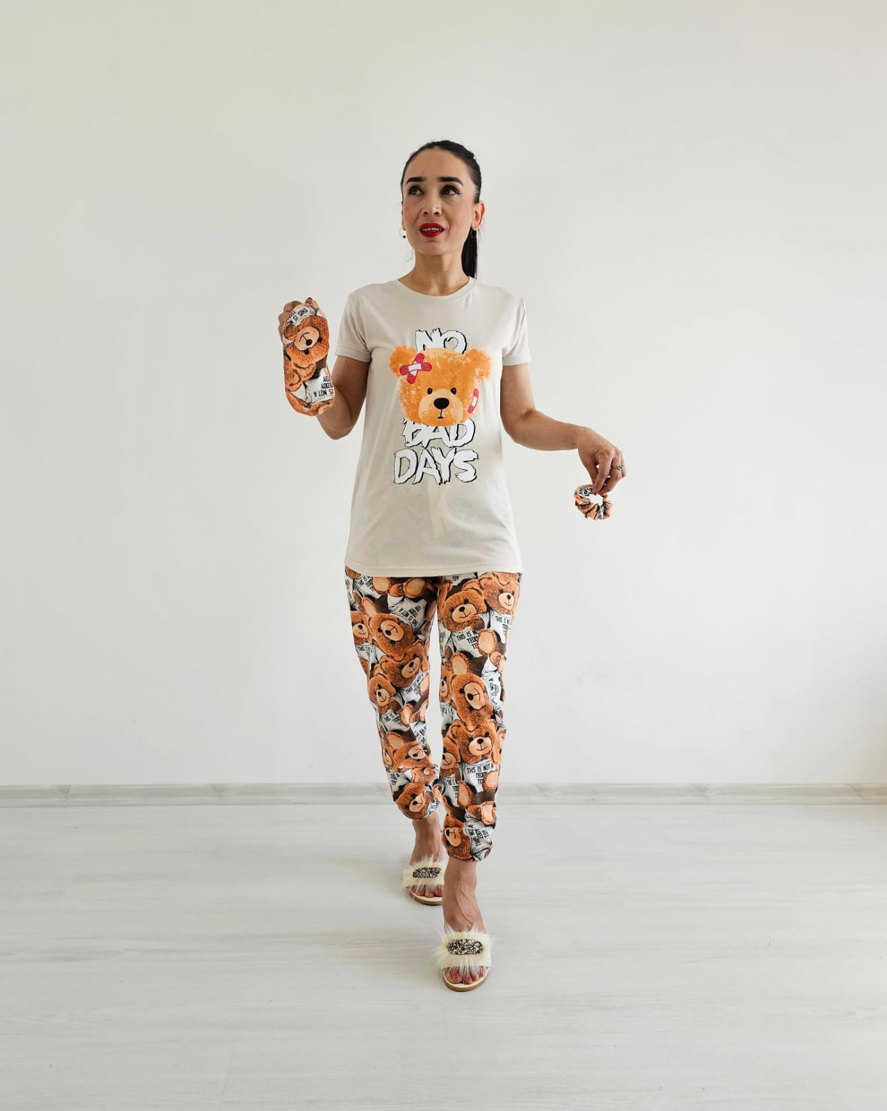 New Ayıcık Pijama Takımı - Krem