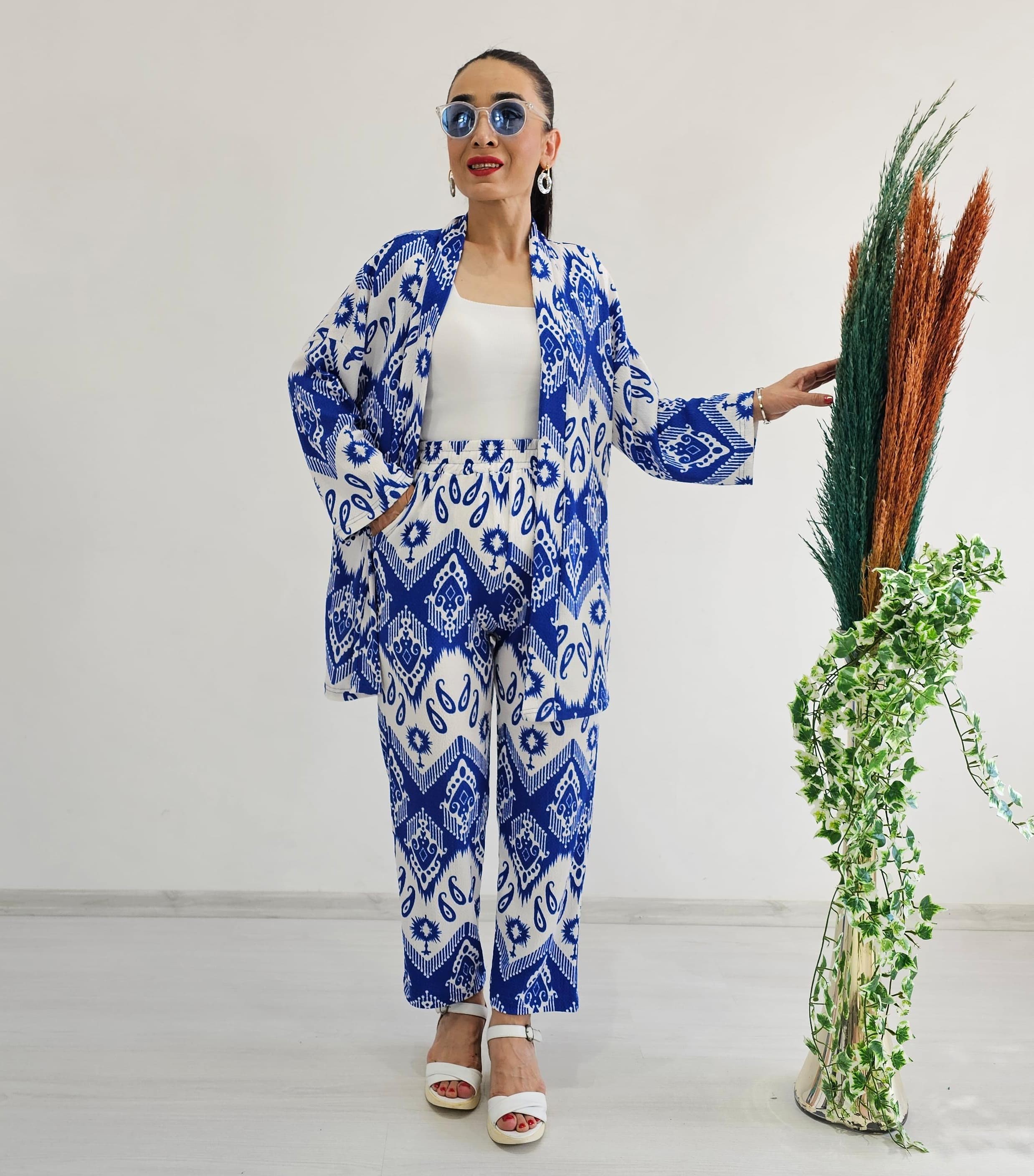 Dar Desenli Kimono Takımı - Mavi