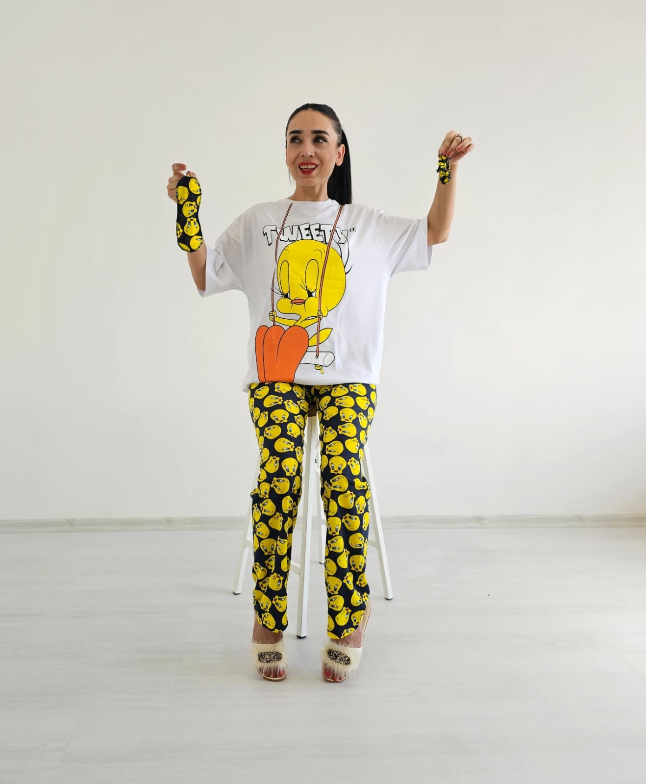 Tweety Geniş Paça Pijama Takımı - BEYAZ