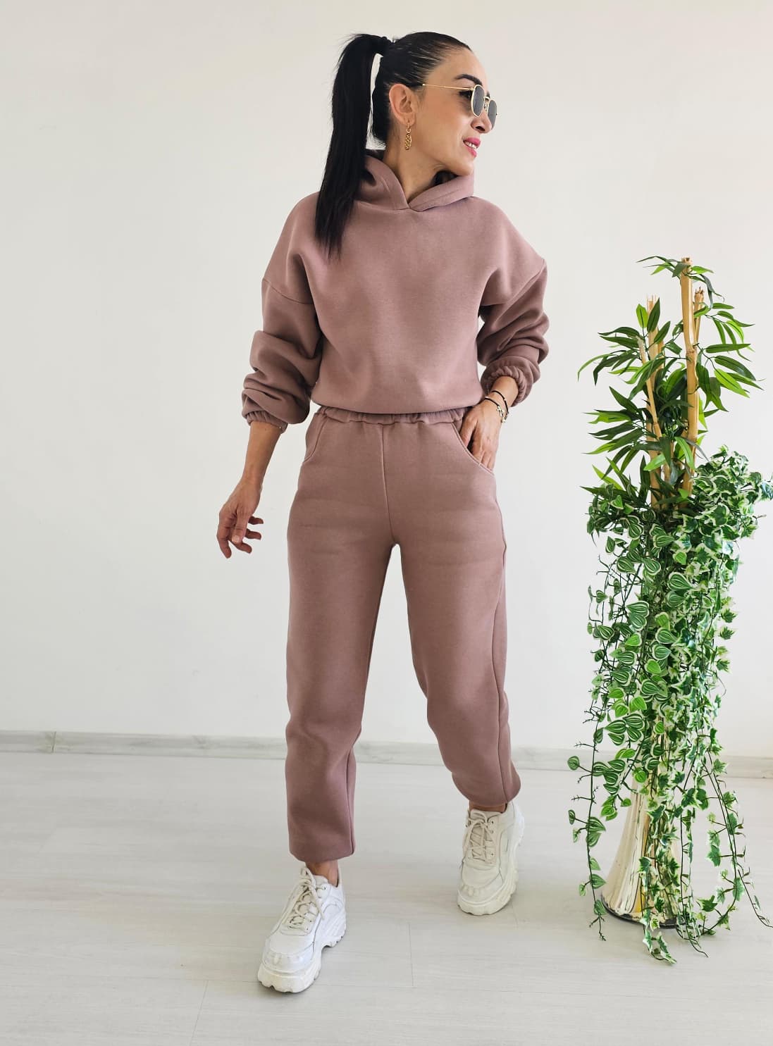 1 ALANA 1 BEDAVA I 3 İp Kapşonlu Eşofman Takımı - PUDRA