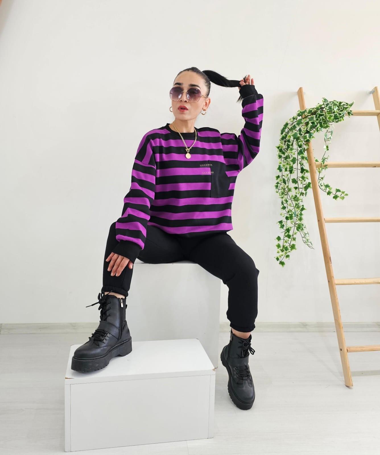 Çizgili Cep Detay Sweatshirt - MOR