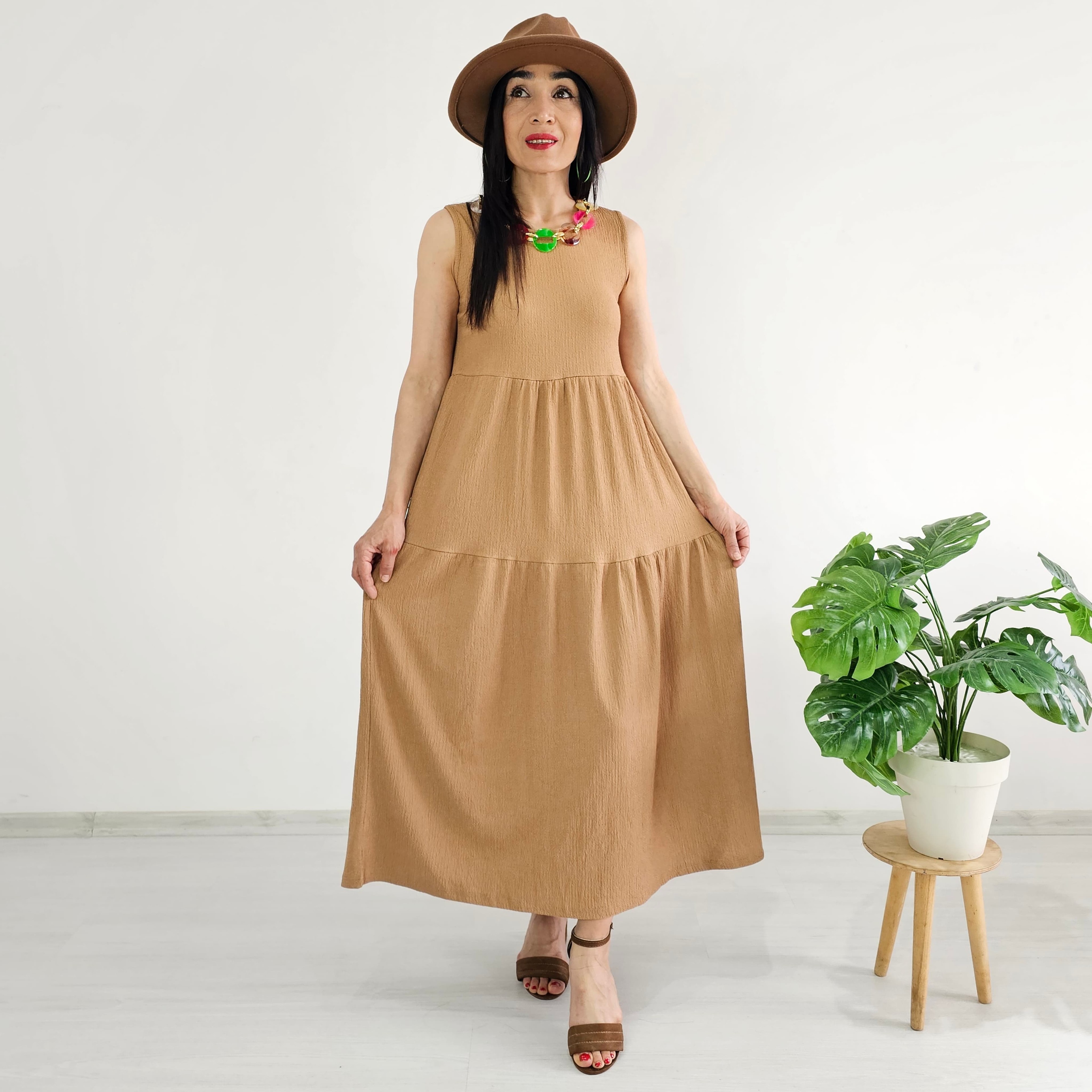 Kolyeli Bürümcek Elbise - CAMEL