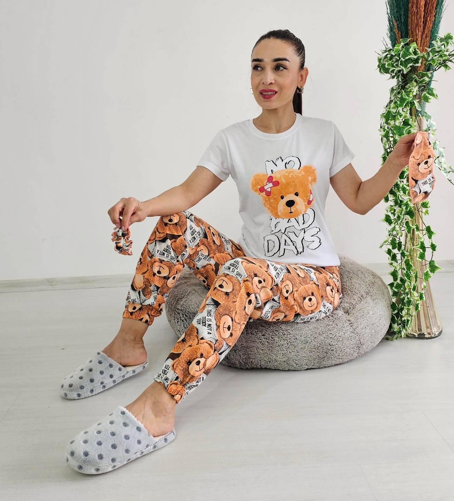 New Ayıcık Pijama Takımı - BEYAZ