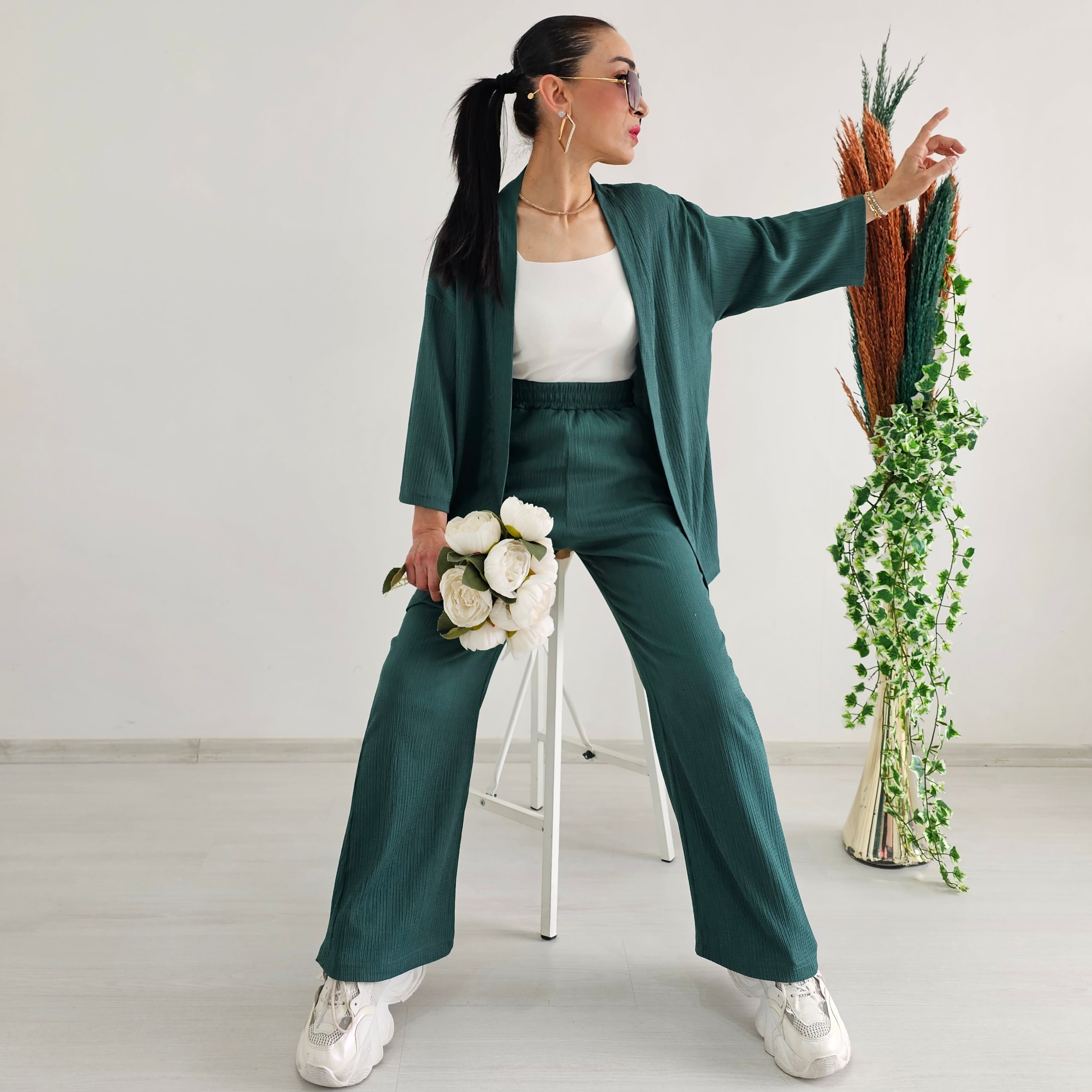 Bürümcek Kumaş Geniş Paça İkili Kimono Takımı - PETROL YEŞİLİ