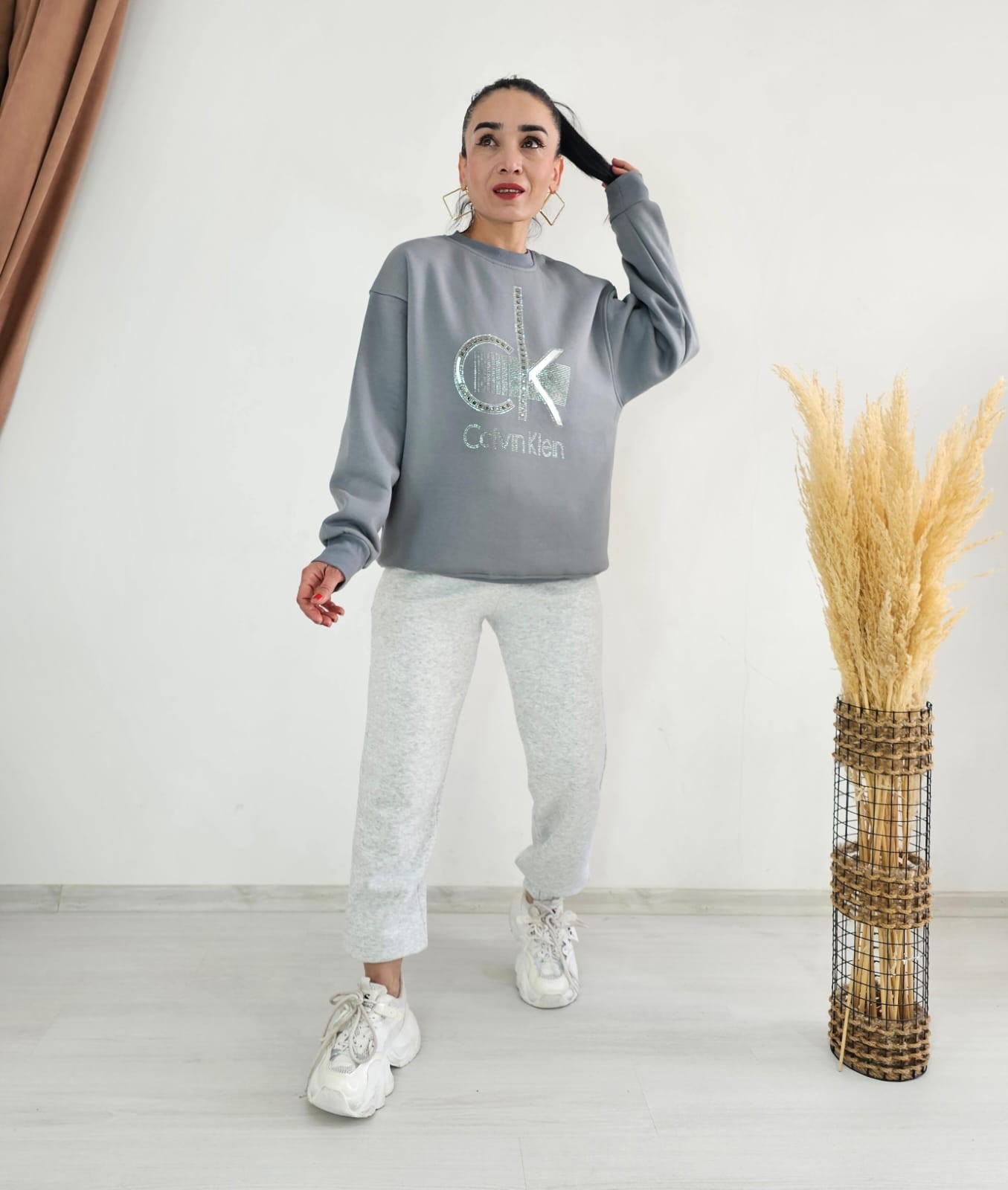 Baskılı Pullu 3 ip Şardonlu Sweatshirt  - Kül Rengi