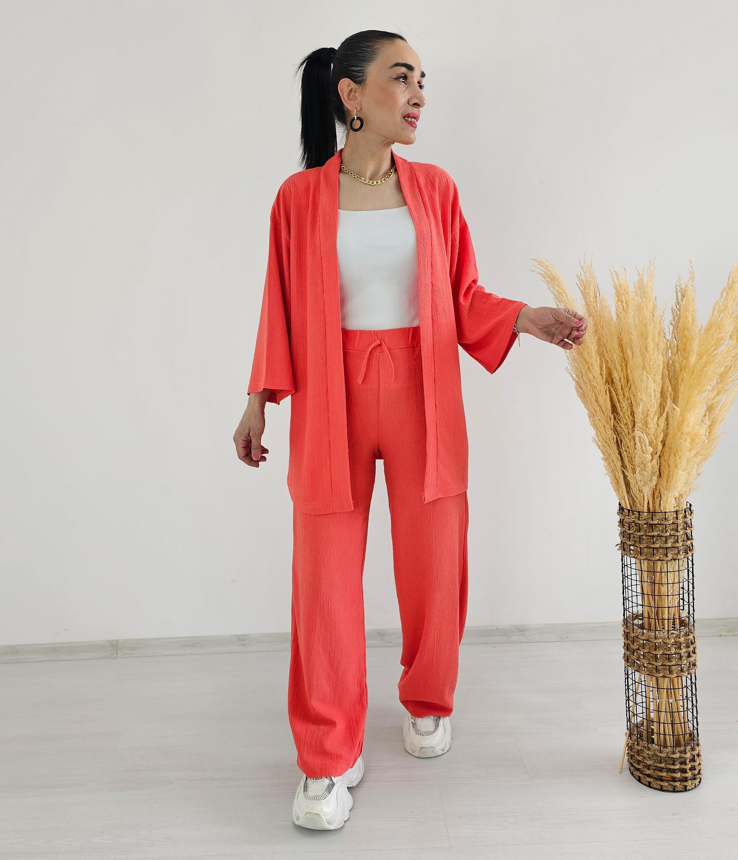 Bürümcek Kumaş Geniş Paça İkili Kimono Takımı - NAR ÇİÇEĞİ