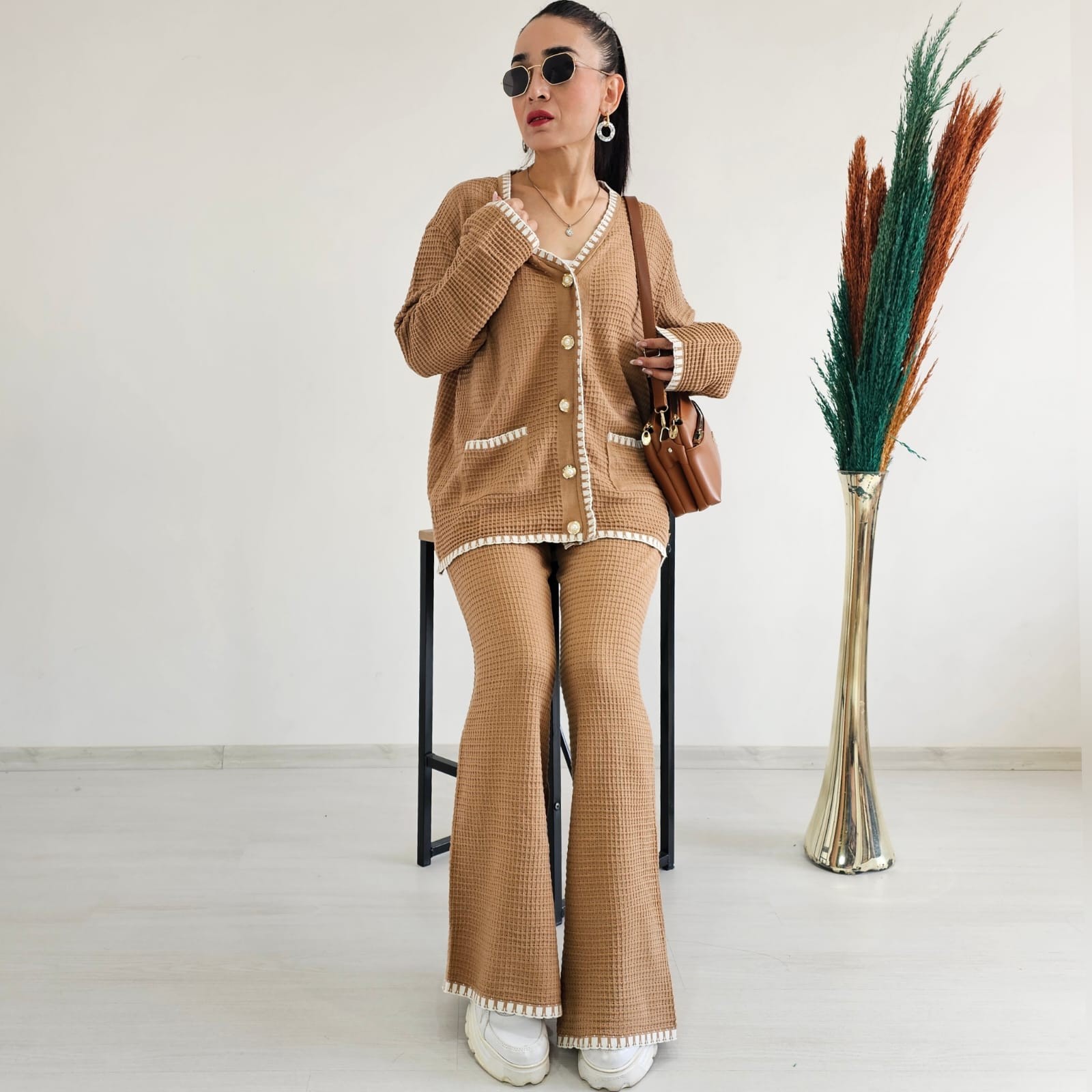 İşlemeli Kroşetalı İkili Cotton Takım - CAMEL