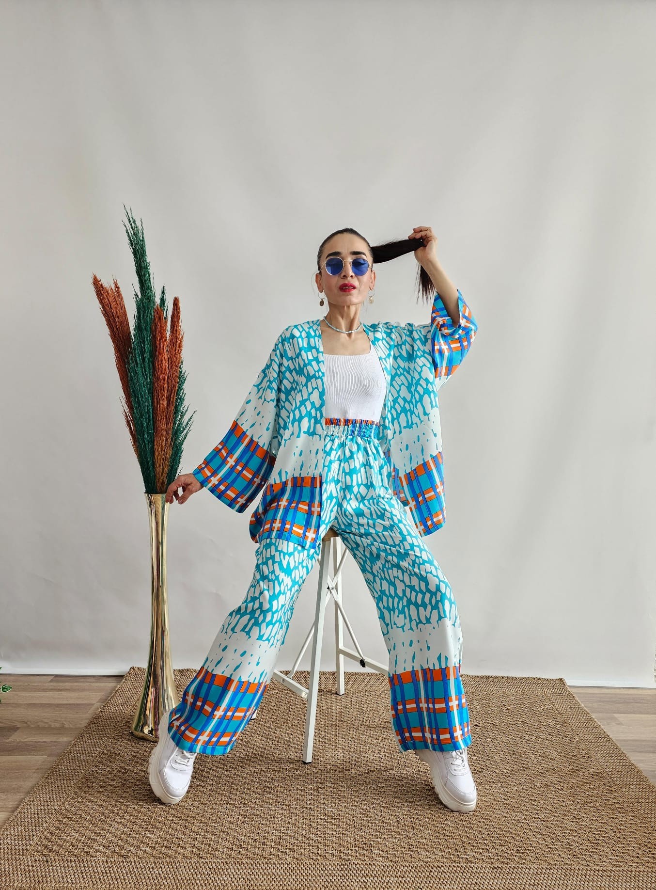 Taş Desen Viskon Kimono Takım - BULUT MAVİ