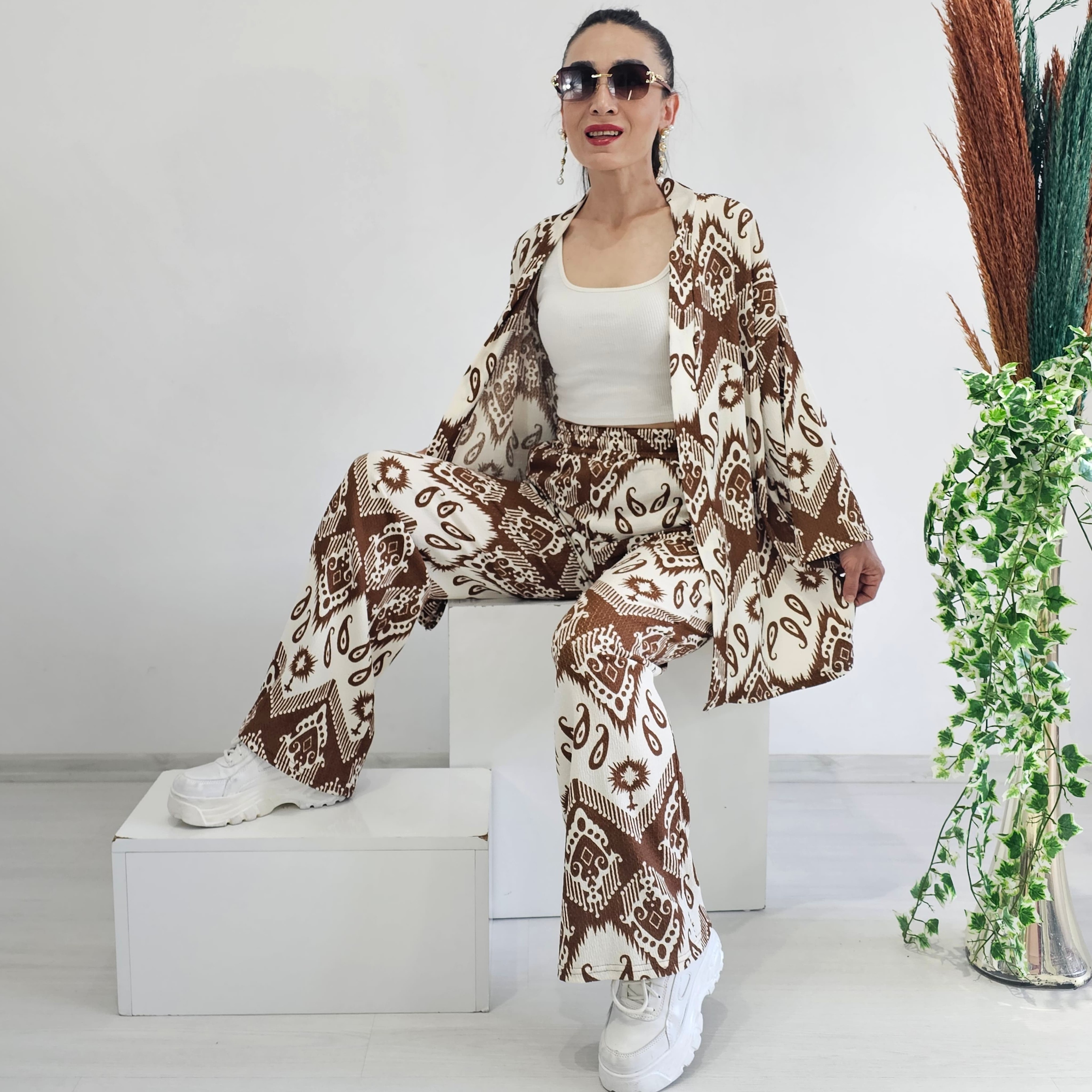 Desenli Kimono Takımı  - KAHVERENGİ