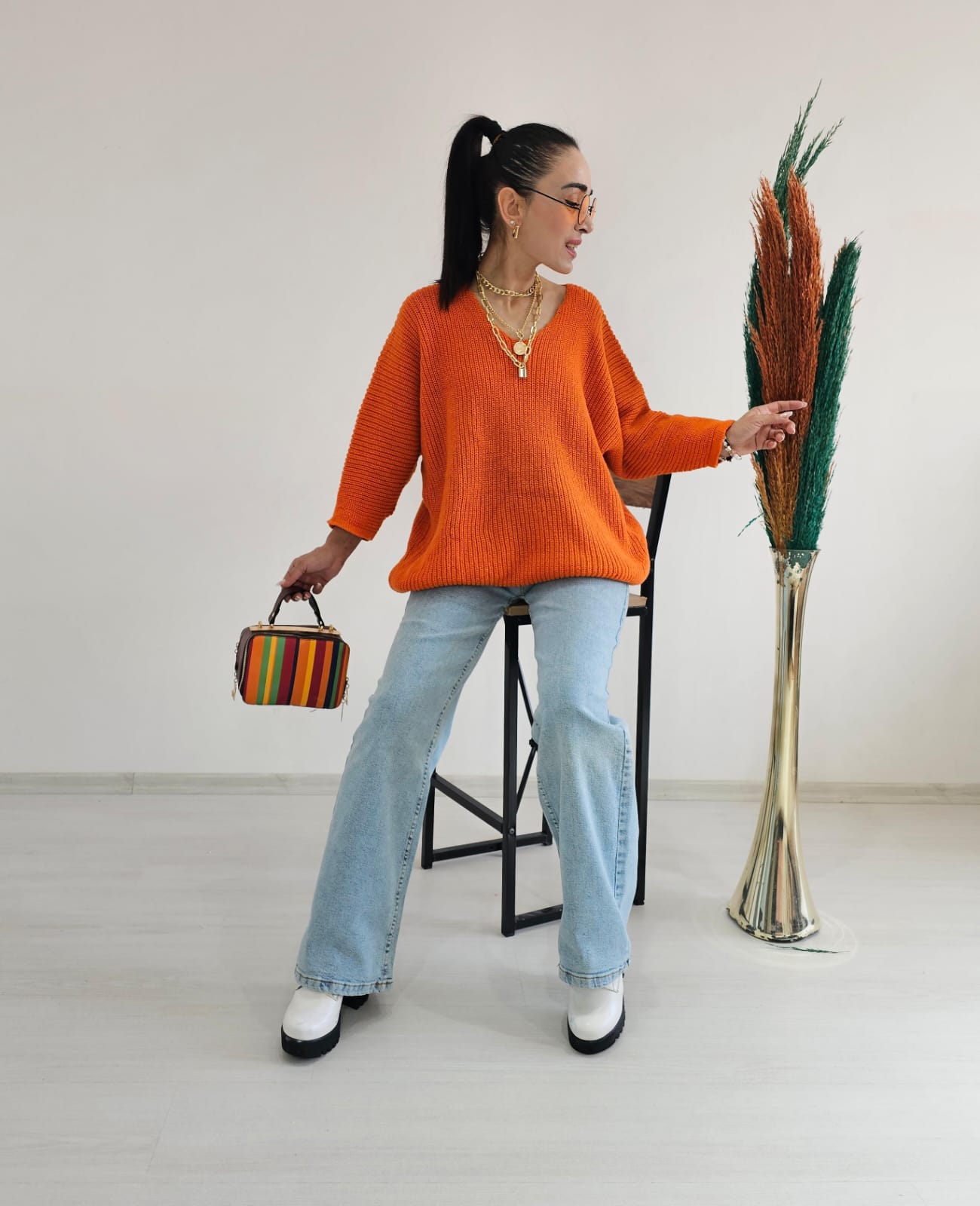 Yarasa Kol Örme Kazak - TURUNCU