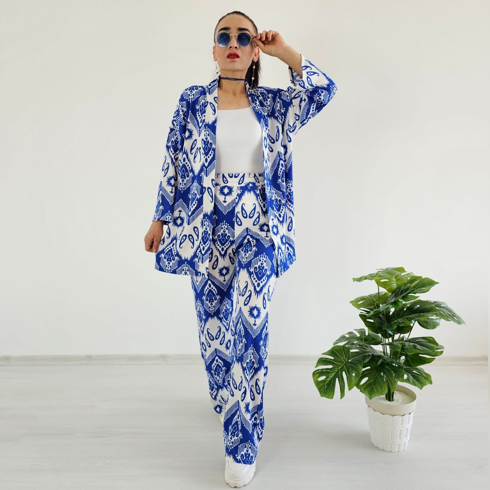Trend Desenli Kimono Takımı - Mavi
