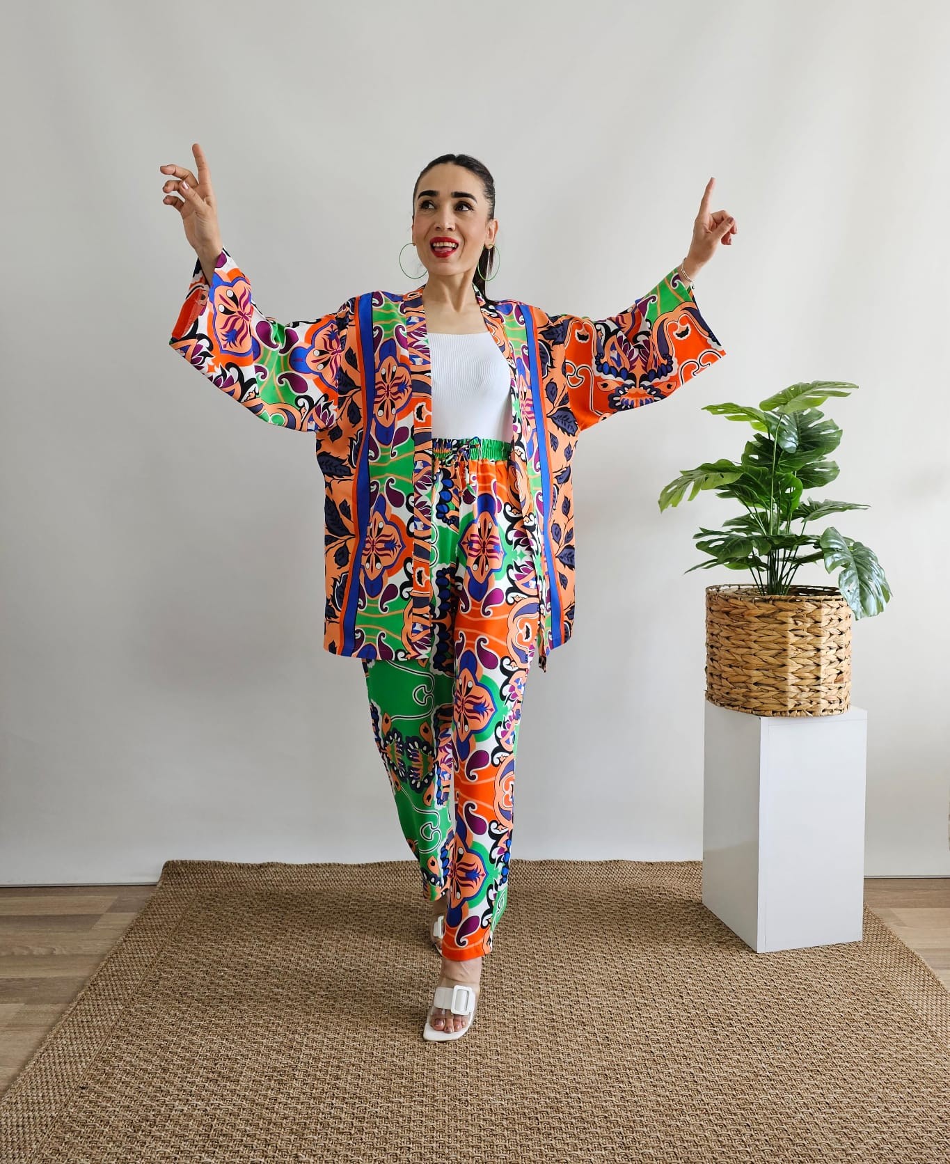 New Etnik Desen Şalvar Kimono Takımı  - TURUNCU