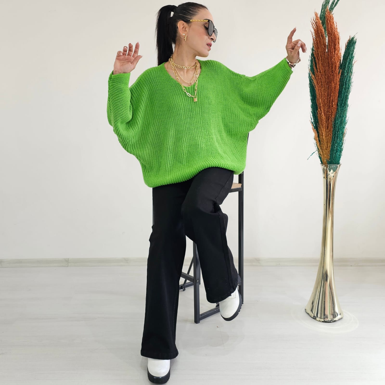 Yarasa Kol Örme Kazak - ÇİMEN YEŞİL