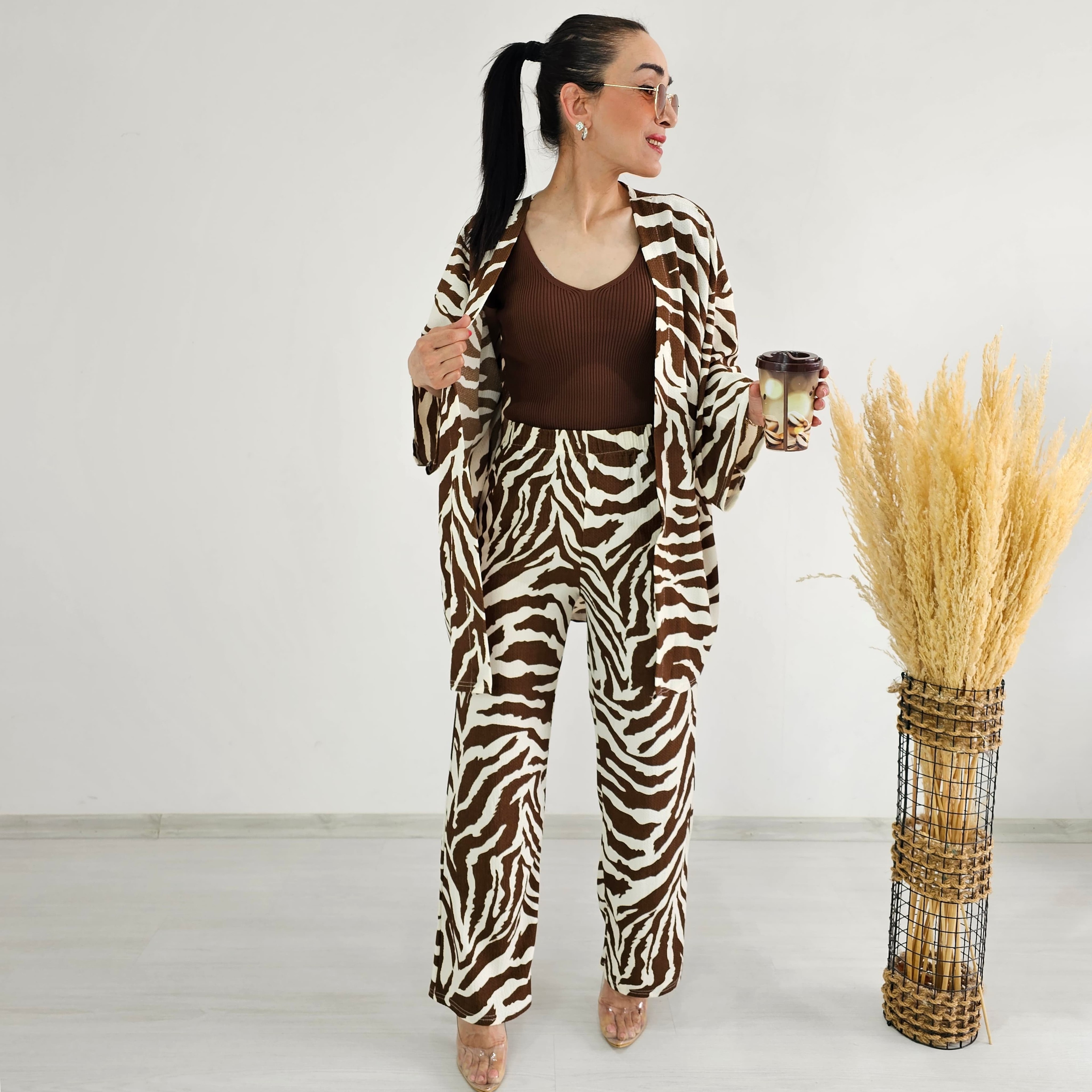Tam bel Zebra Desen Kimono Takımı - KAHVERENGİ