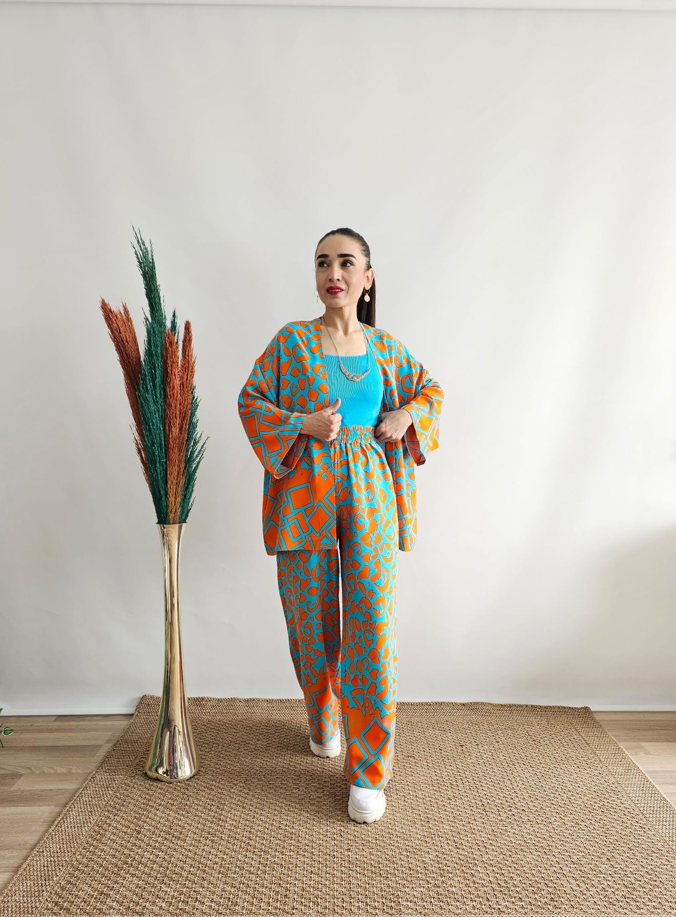 Taş Desen Viskon Kimono Takım - TURUNCU