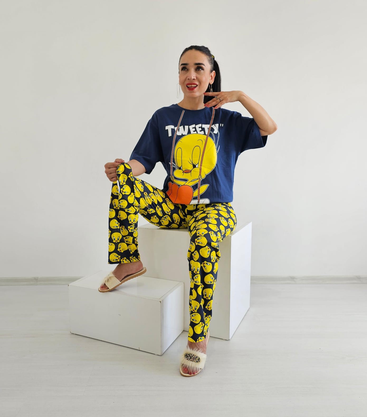 Tweety Geniş Paça Pijama Takımı - Lacivert